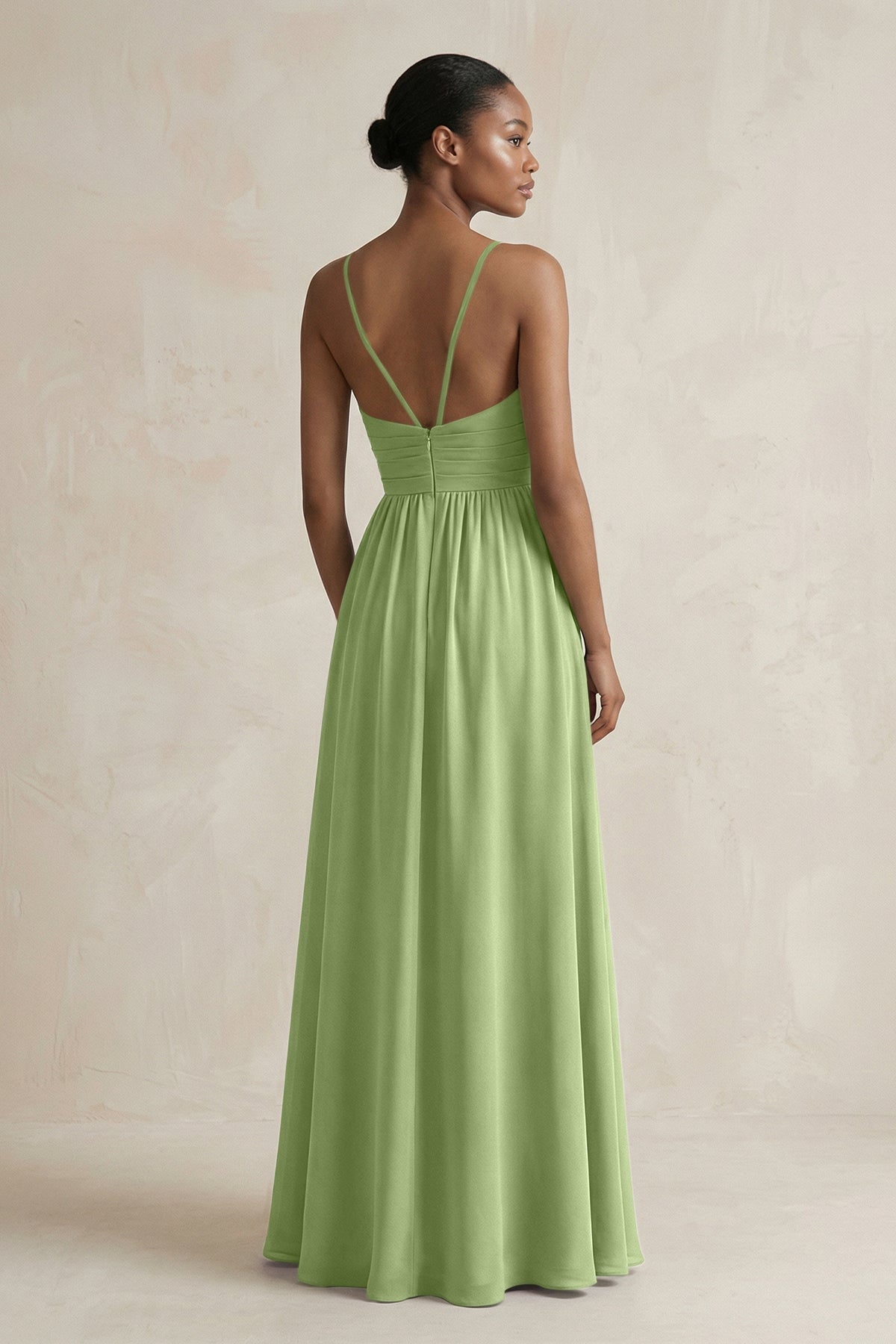 A-Line Halter Chiffon Ruched Bridesmaid Dress in Matcha