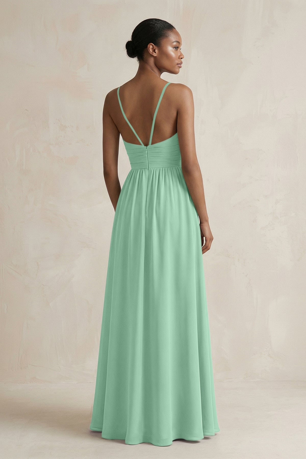 A-Line Halter Chiffon Ruched Bridesmaid Dress in Pale Pistachio