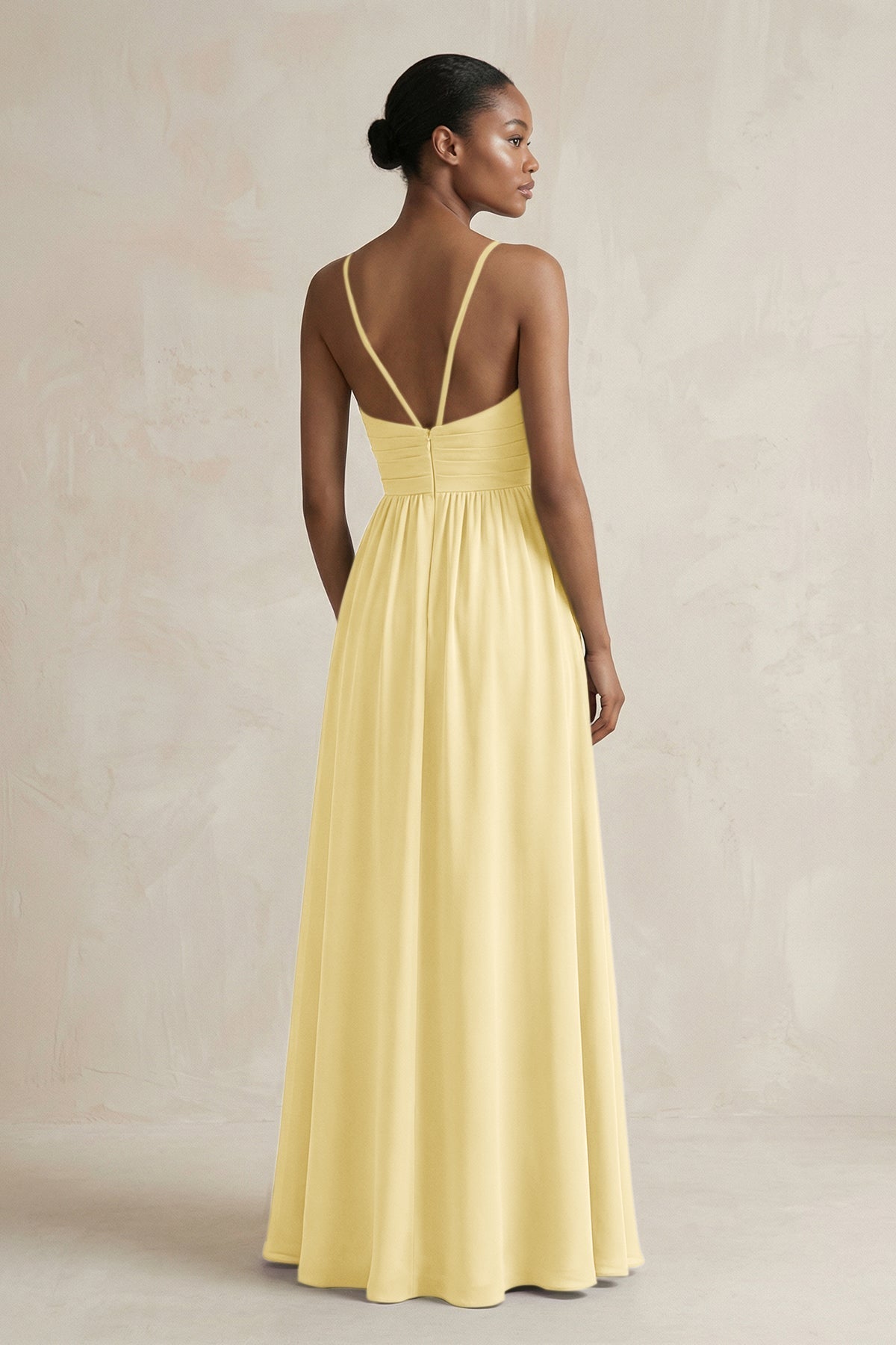 A-Line Halter Chiffon Ruched Bridesmaid Dress in Pastel Yellow