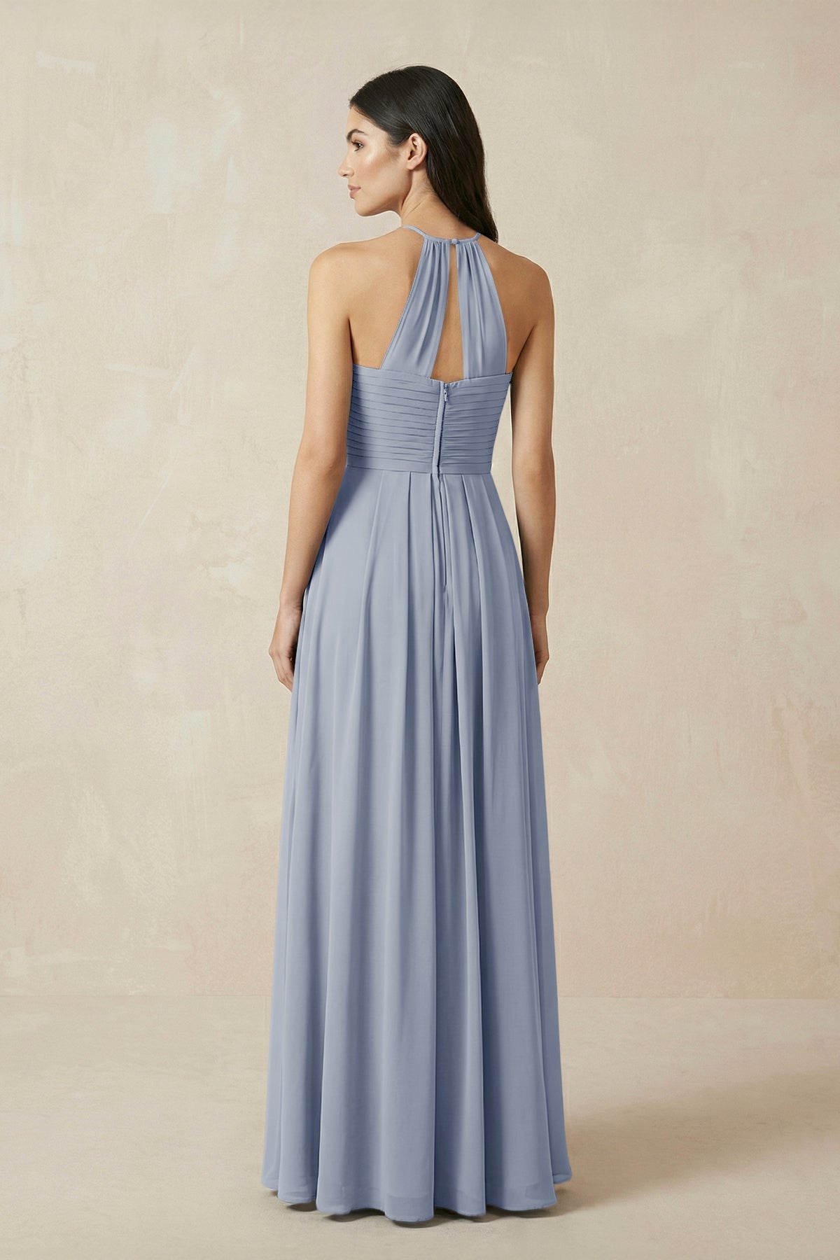 A-Line Halter Neck Pleated Chiffon Bridesmaid Dress in Twilight