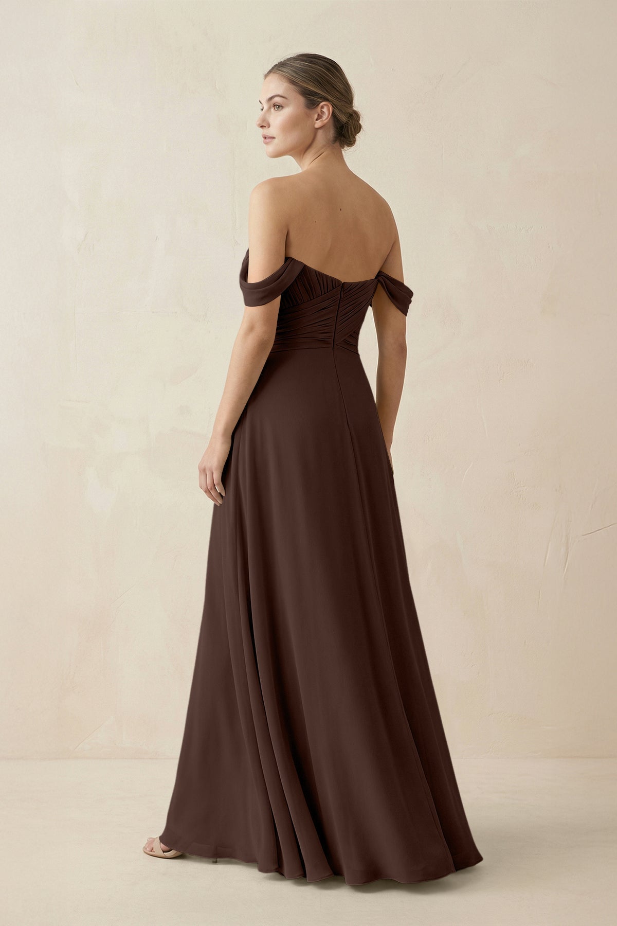 A-Line Off-the-Shoulder Chiffon Bridesmaid Dress in Espresso
