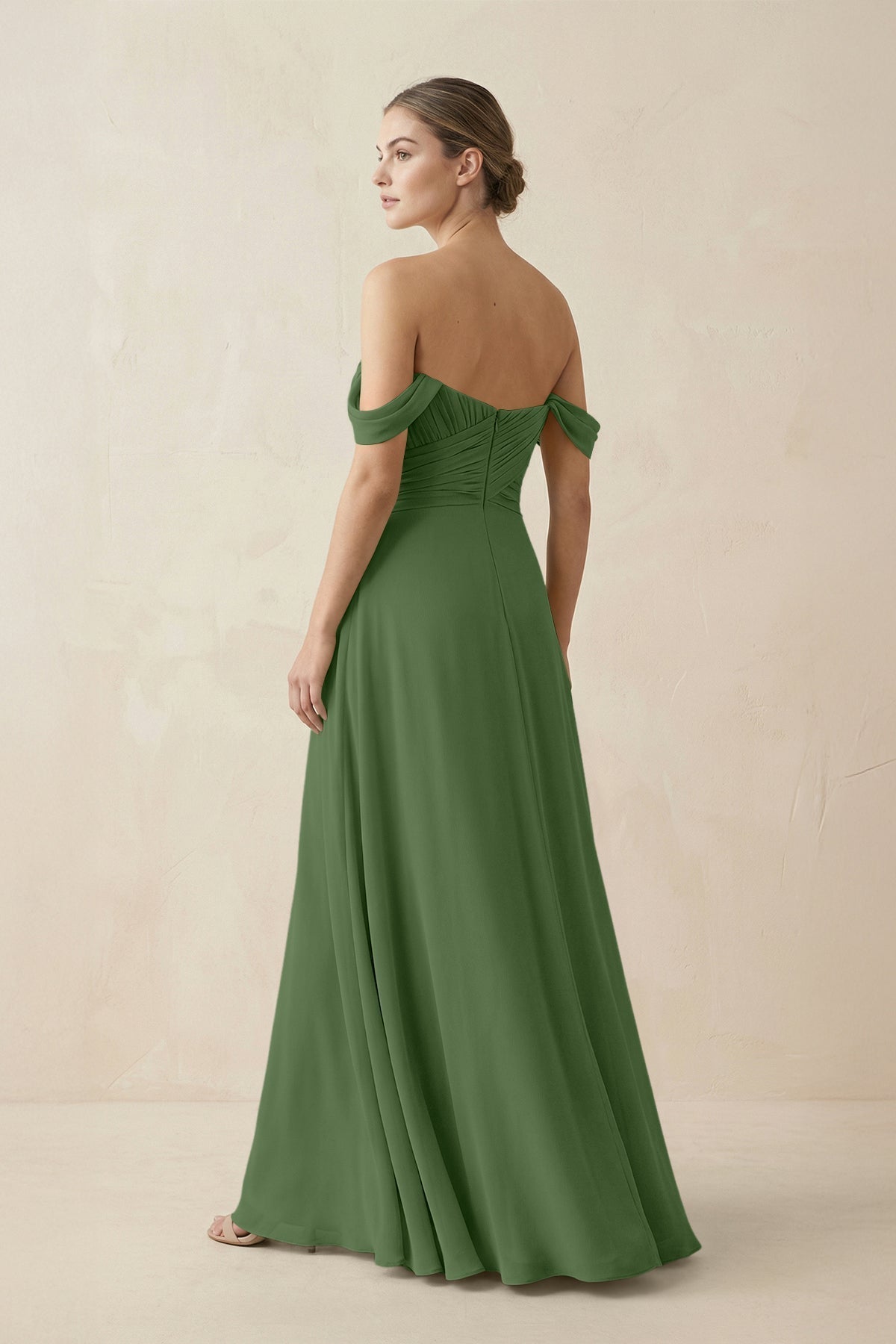 A-Line Off-the-Shoulder Chiffon Bridesmaid Dress in Moss