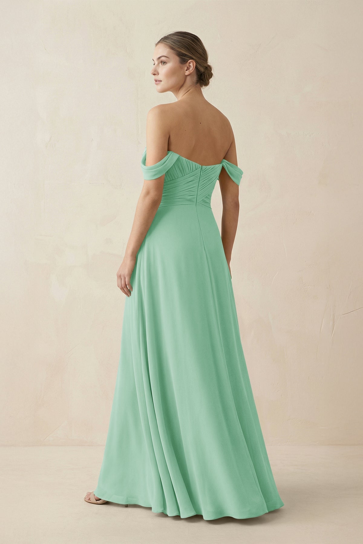 A-Line Off-the-Shoulder Chiffon Bridesmaid Dress in Pale Pistachio