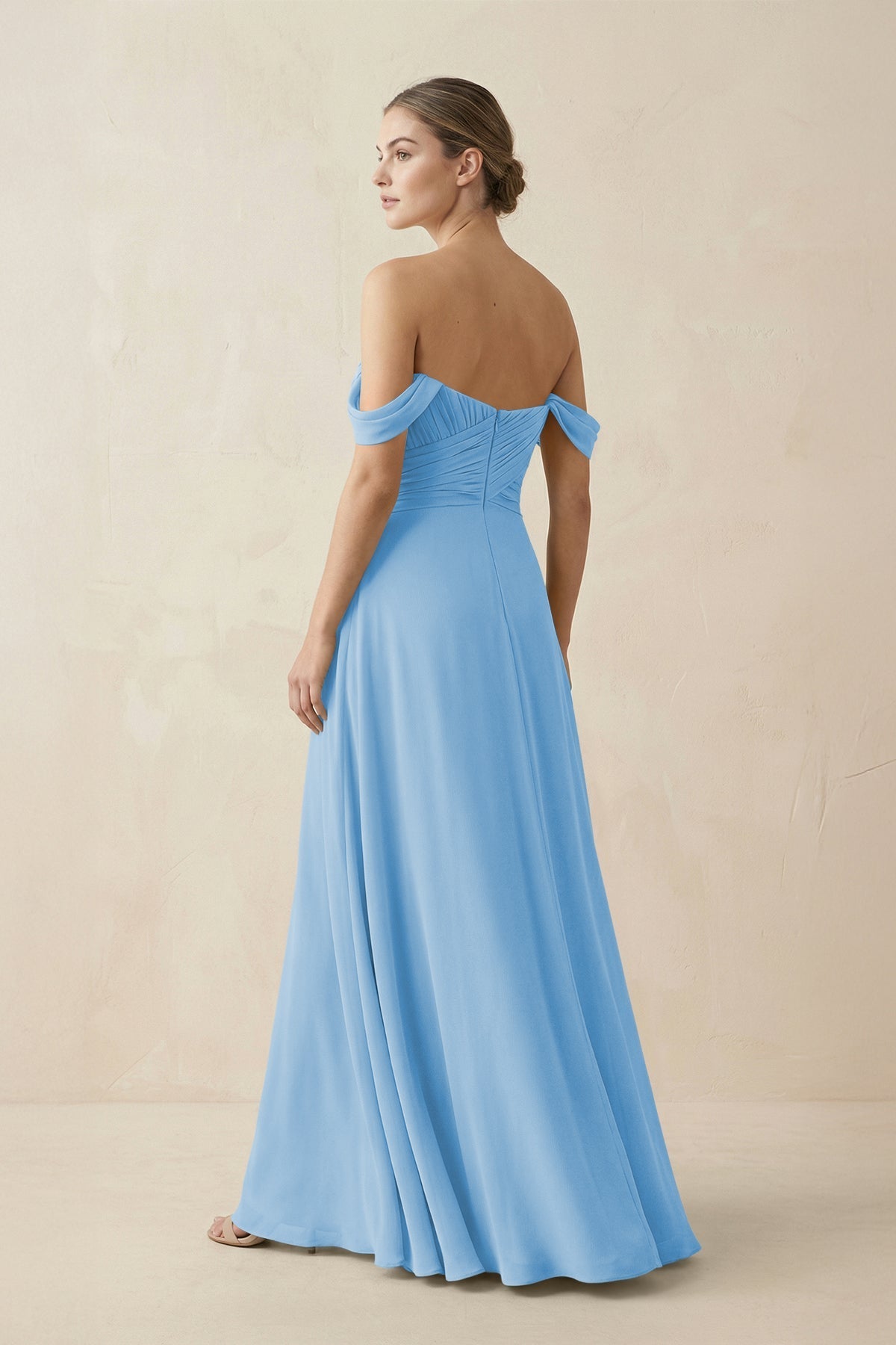 A-Line Off-the-Shoulder Chiffon Bridesmaid Dress in Steel Blue