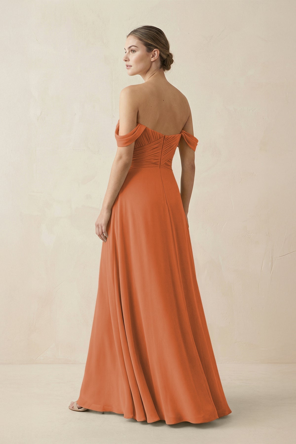 A-Line Off-the-Shoulder Chiffon Bridesmaid Dress in Terracotta
