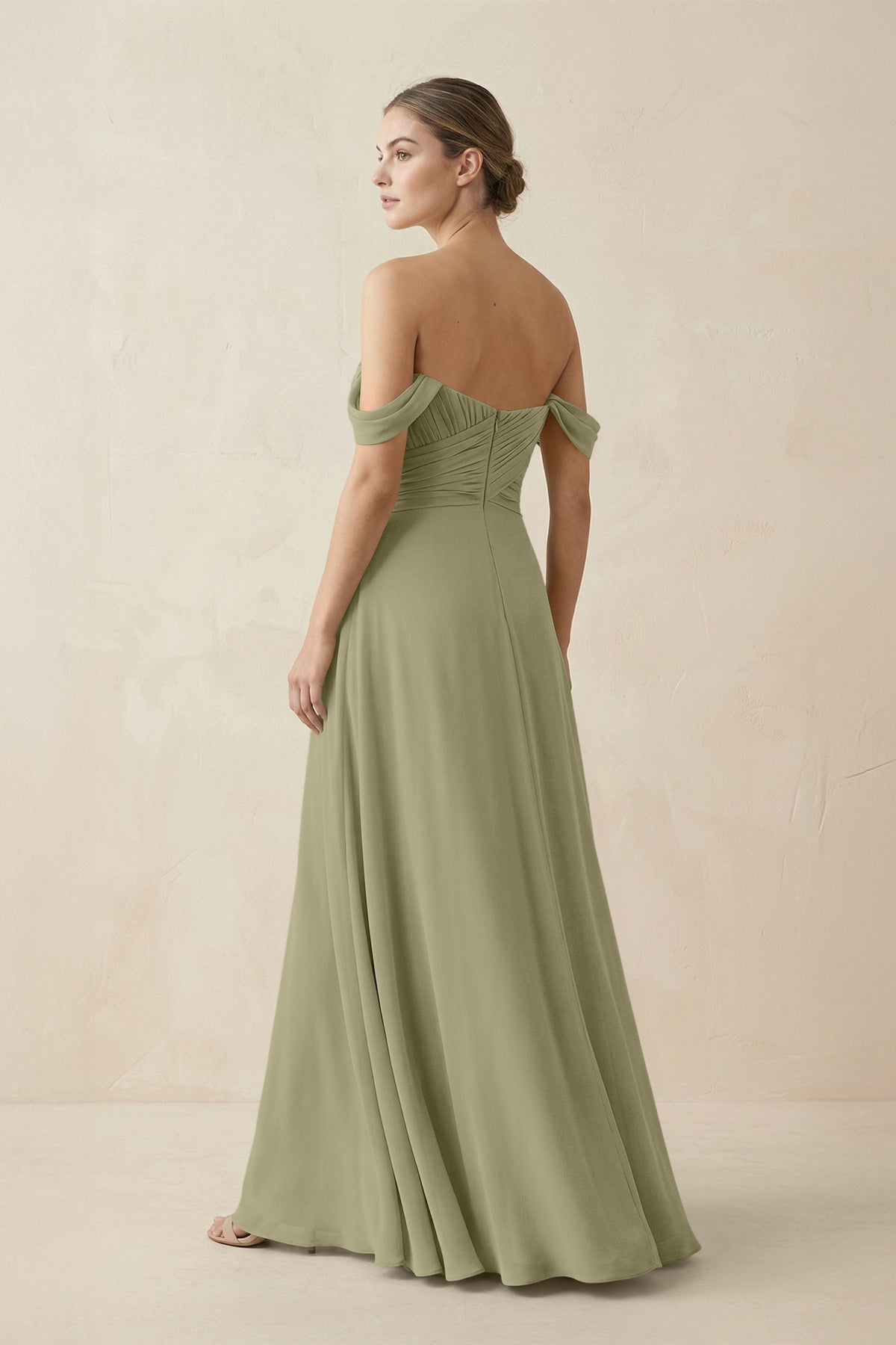 A-Line Off-the-Shoulder Chiffon Bridesmaid Dress in Thyme