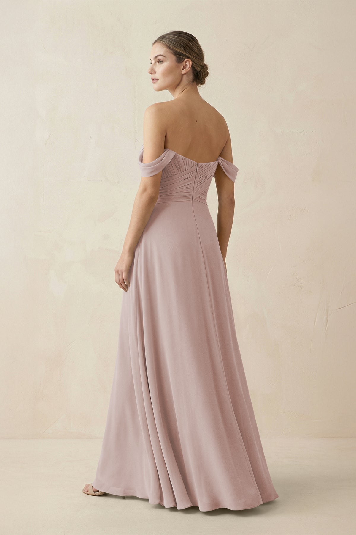 A-Line Off-the-Shoulder Chiffon Bridesmaid Dress in Toffee