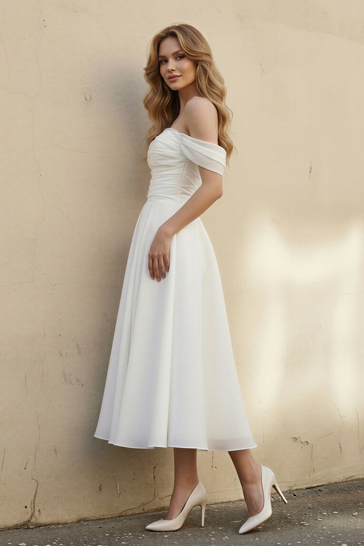 A-Line Off-The-Shoulder Sleeveless Tea-Length Organza Wedding Dresses