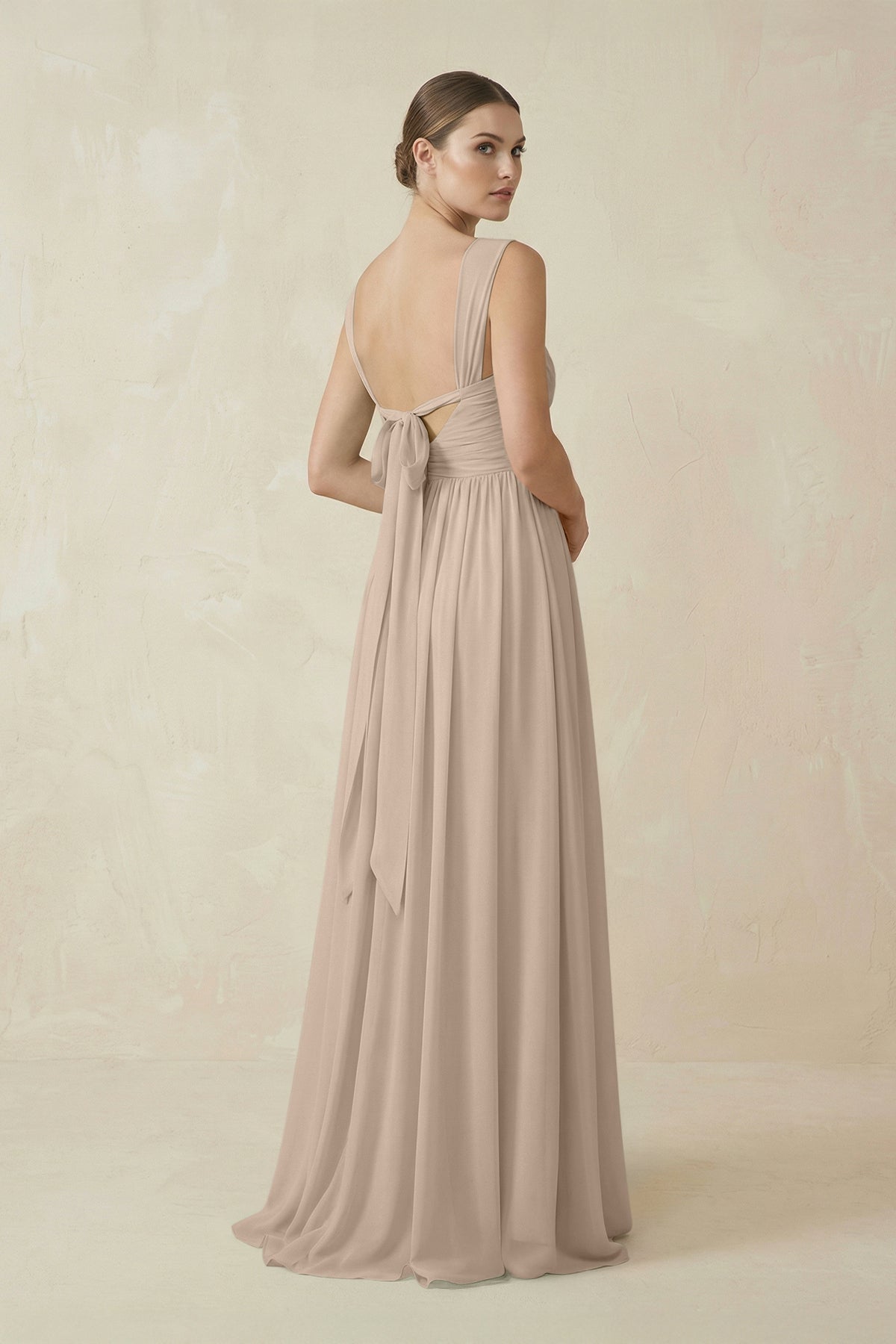 A-Line Pleated Chiffon Long Bridesmaid Dress in Almond