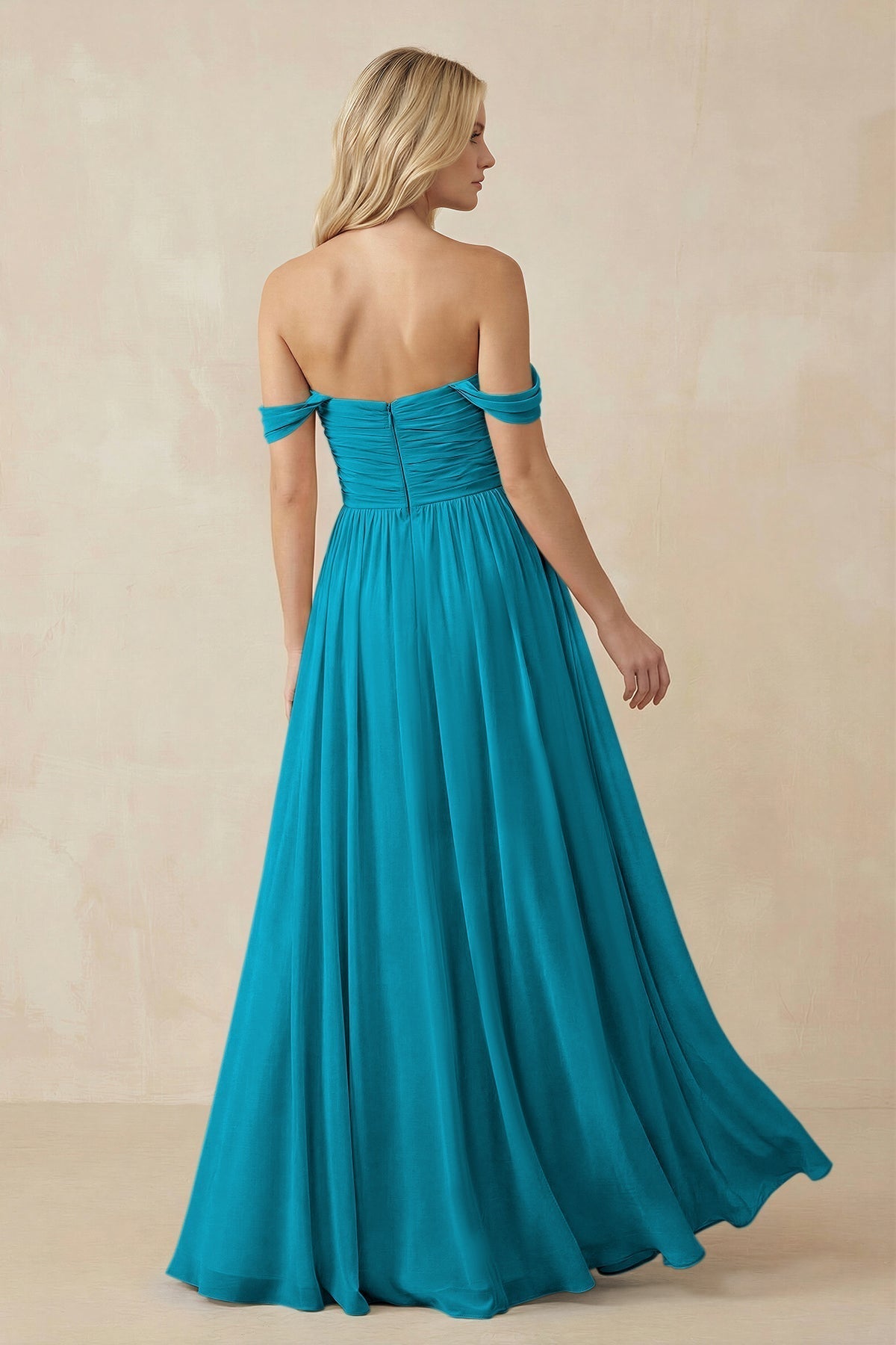 A-Line Pleated Long Chiffon Bridesmaid Dress in Blue Jay