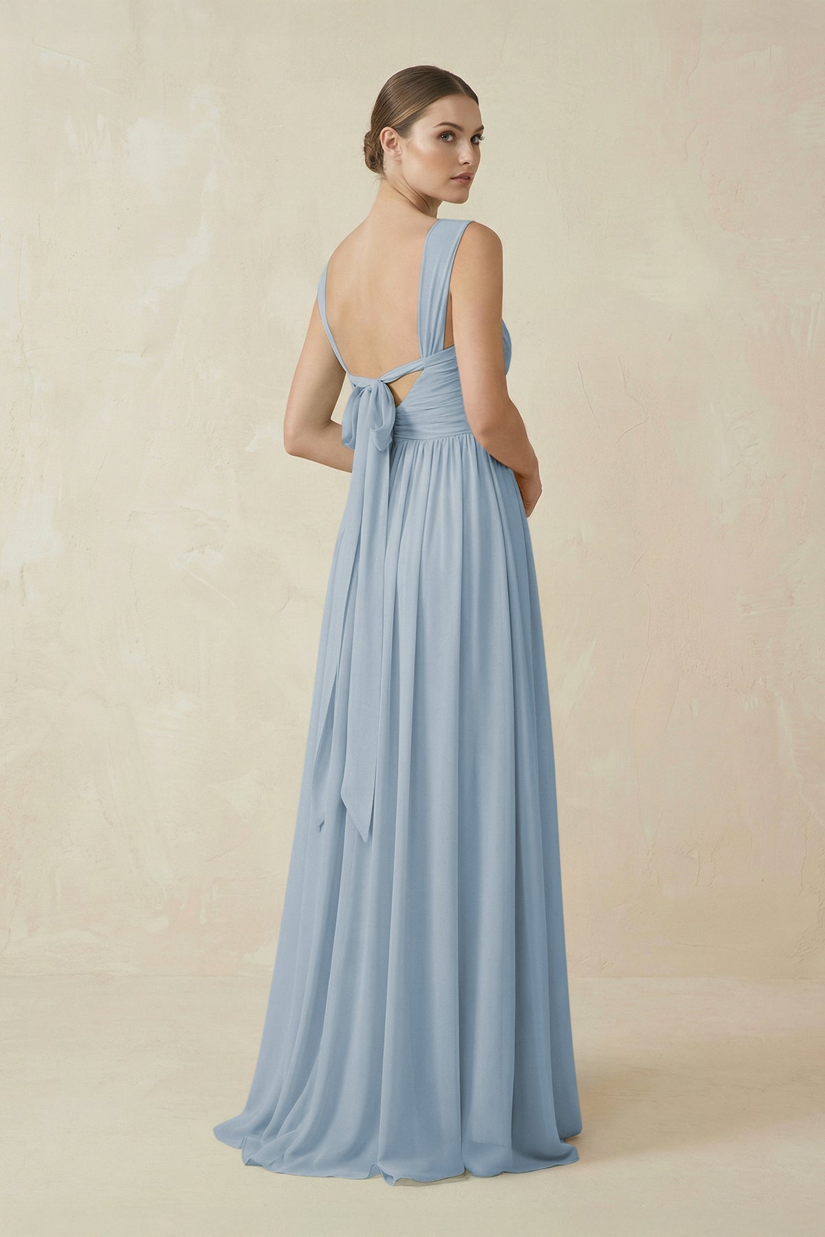A-Line Pleated Chiffon Long Bridesmaid Dress in Dusty Blue