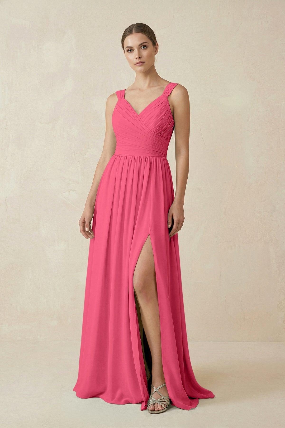 A-Line Pleated Chiffon Long Bridesmaid Dress in Fuchsia