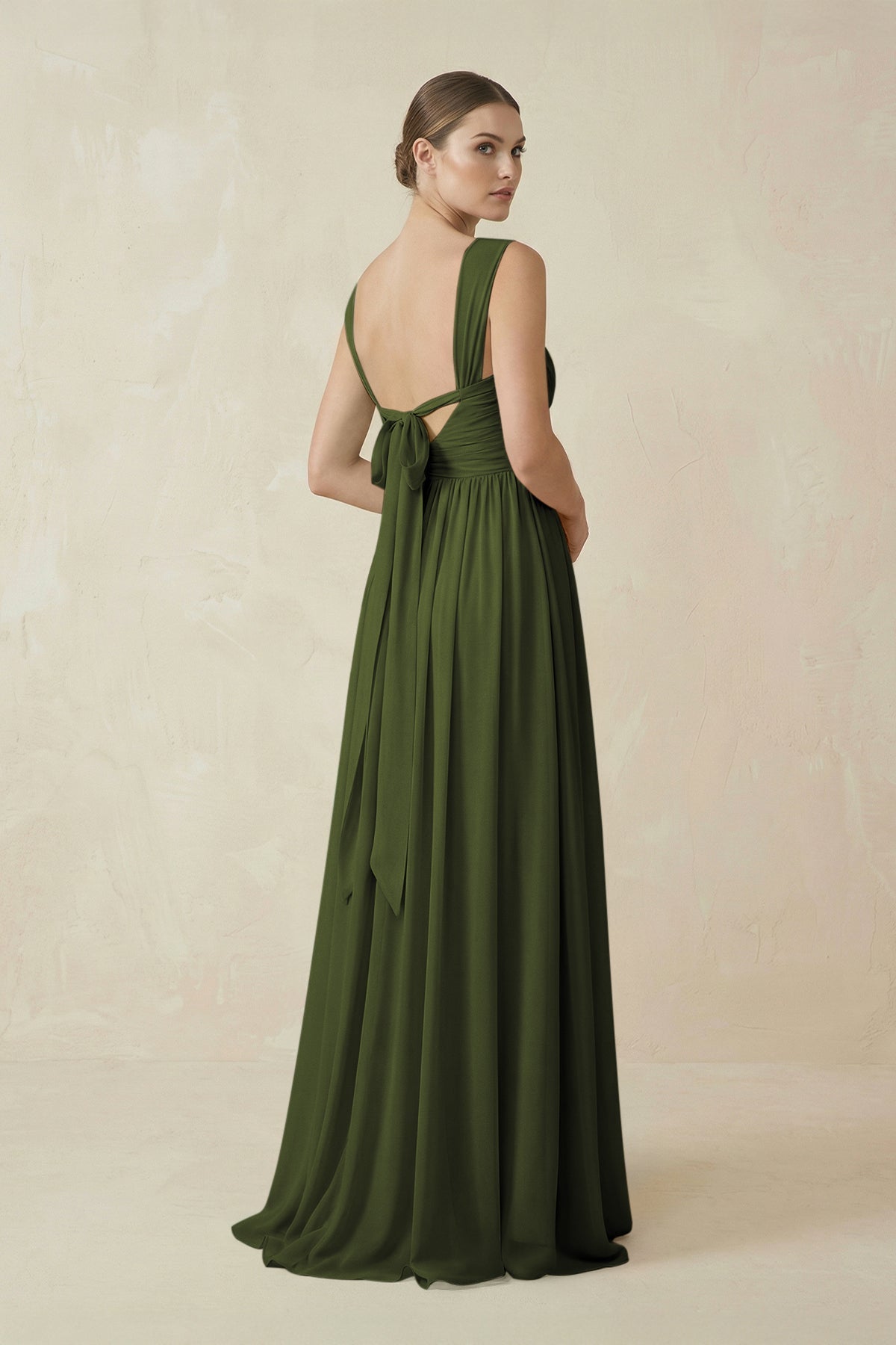 A-Line Pleated Chiffon Long Bridesmaid Dress in Olive