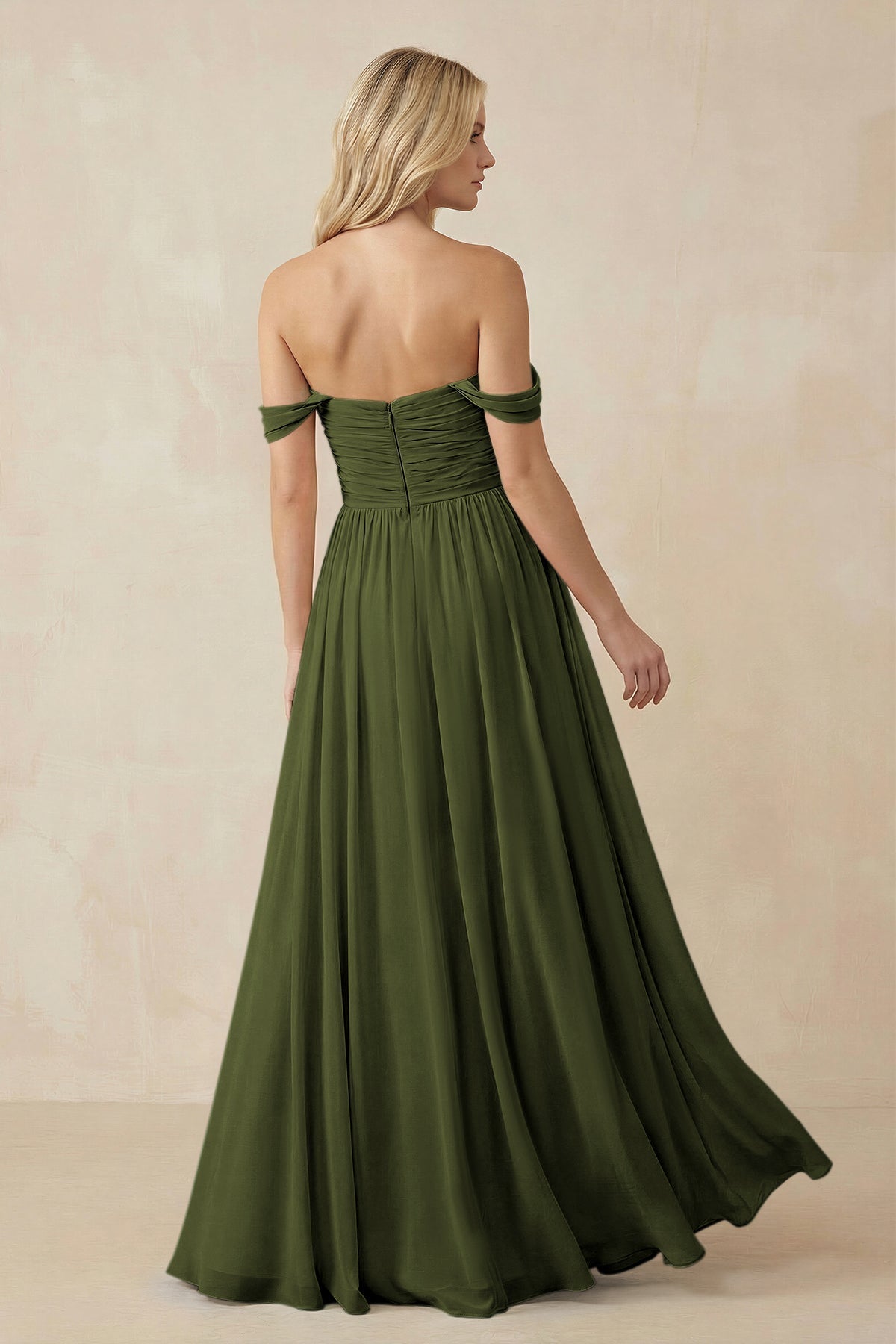 A-Line Pleated Long Chiffon Bridesmaid Dress in Olive