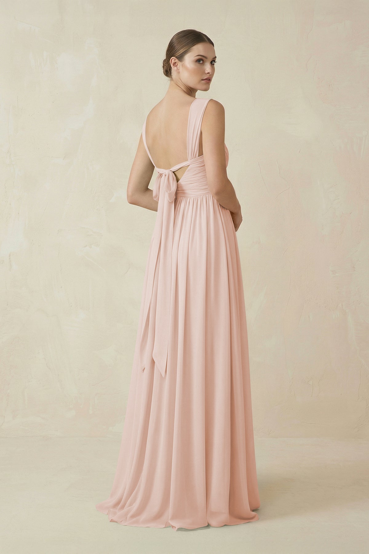 A-Line Pleated Chiffon Long Bridesmaid Dress in Pale Blush