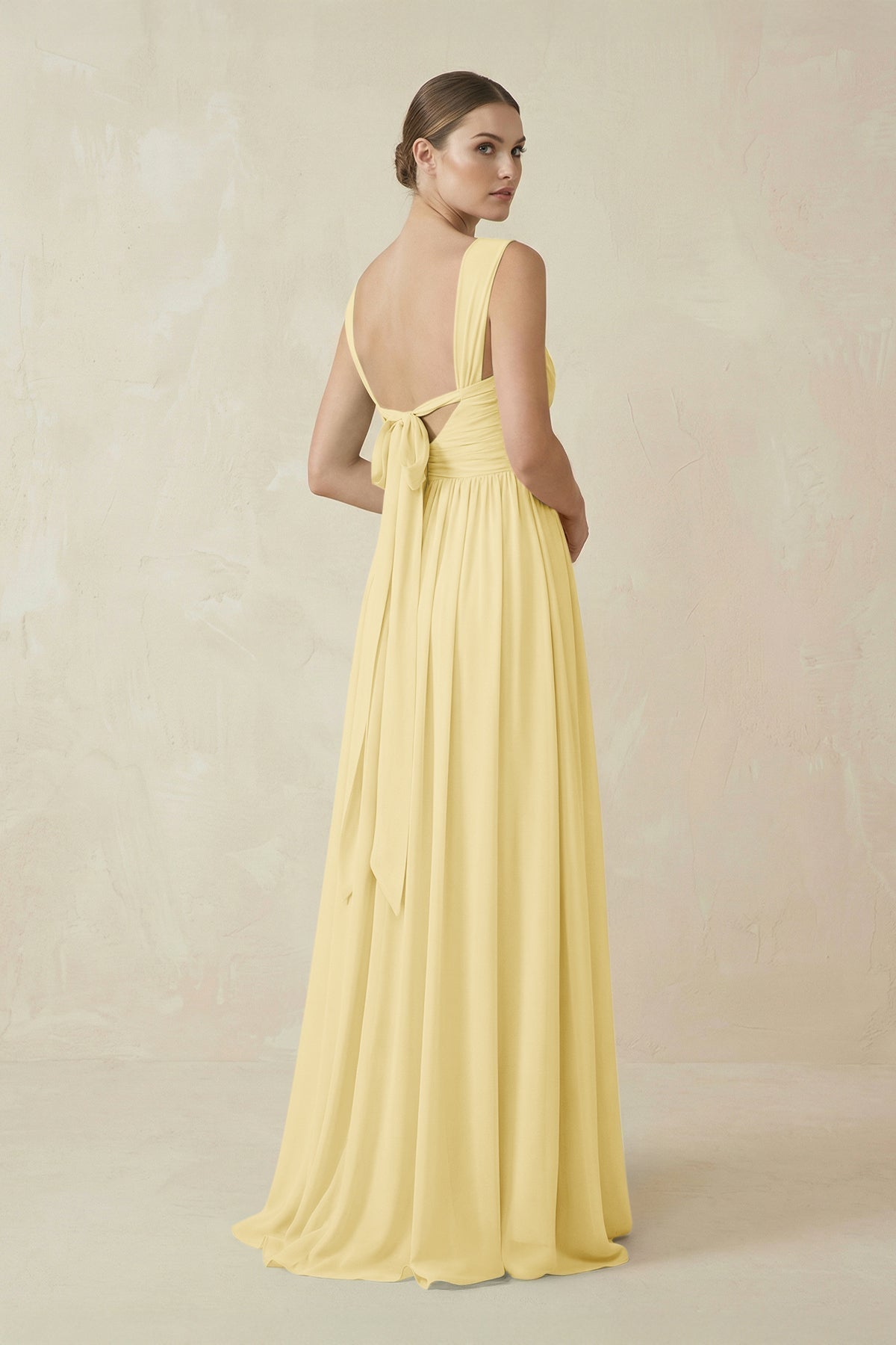 A-Line Pleated Chiffon Long Bridesmaid Dress in Pastel Yellow