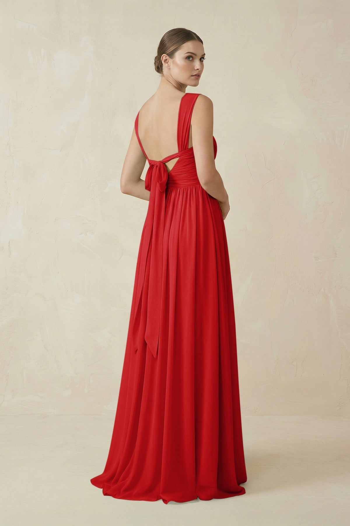 A-Line Pleated Chiffon Long Bridesmaid Dress in Ruby Red