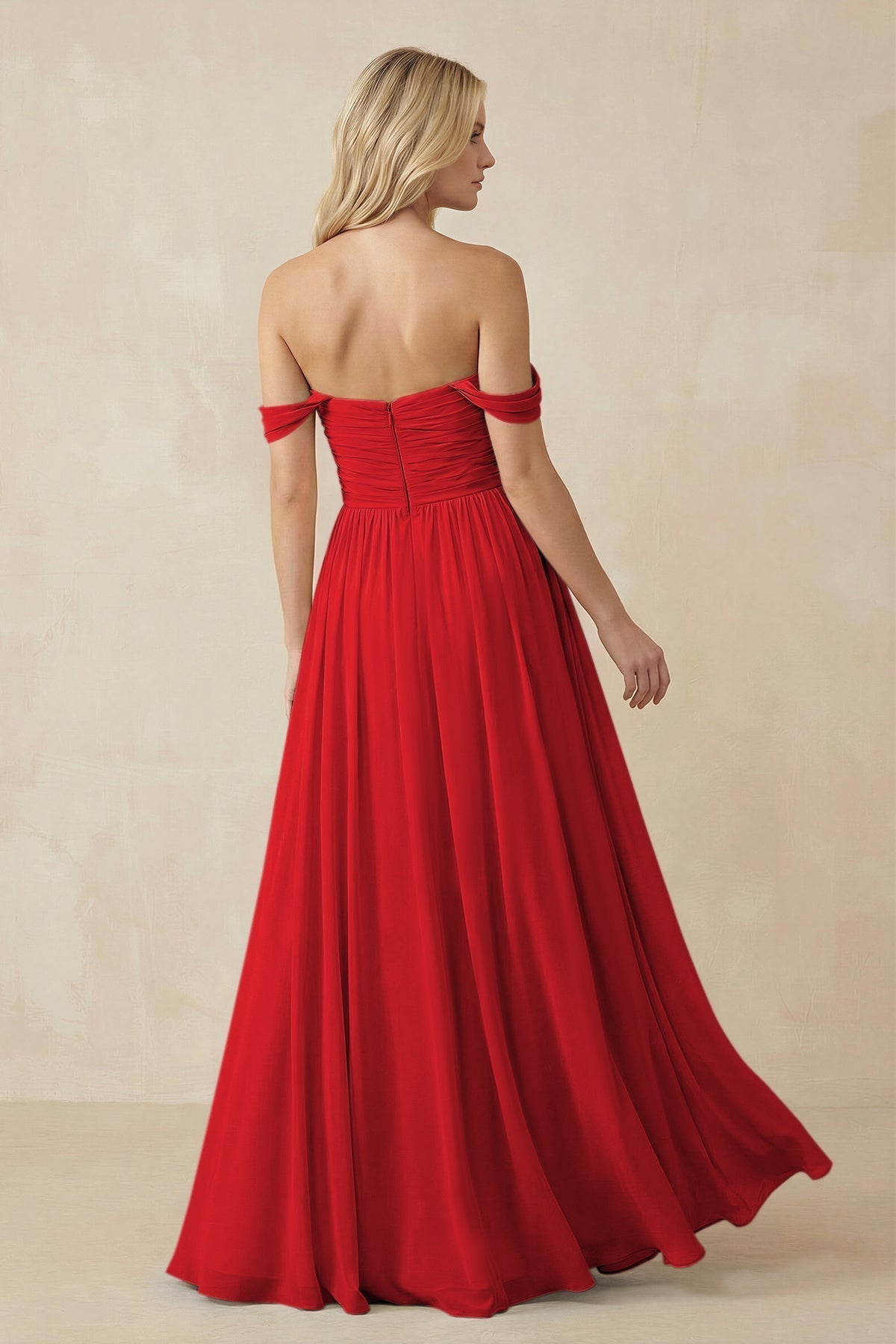 A-Line Pleated Long Chiffon Bridesmaid Dress in Ruby Red