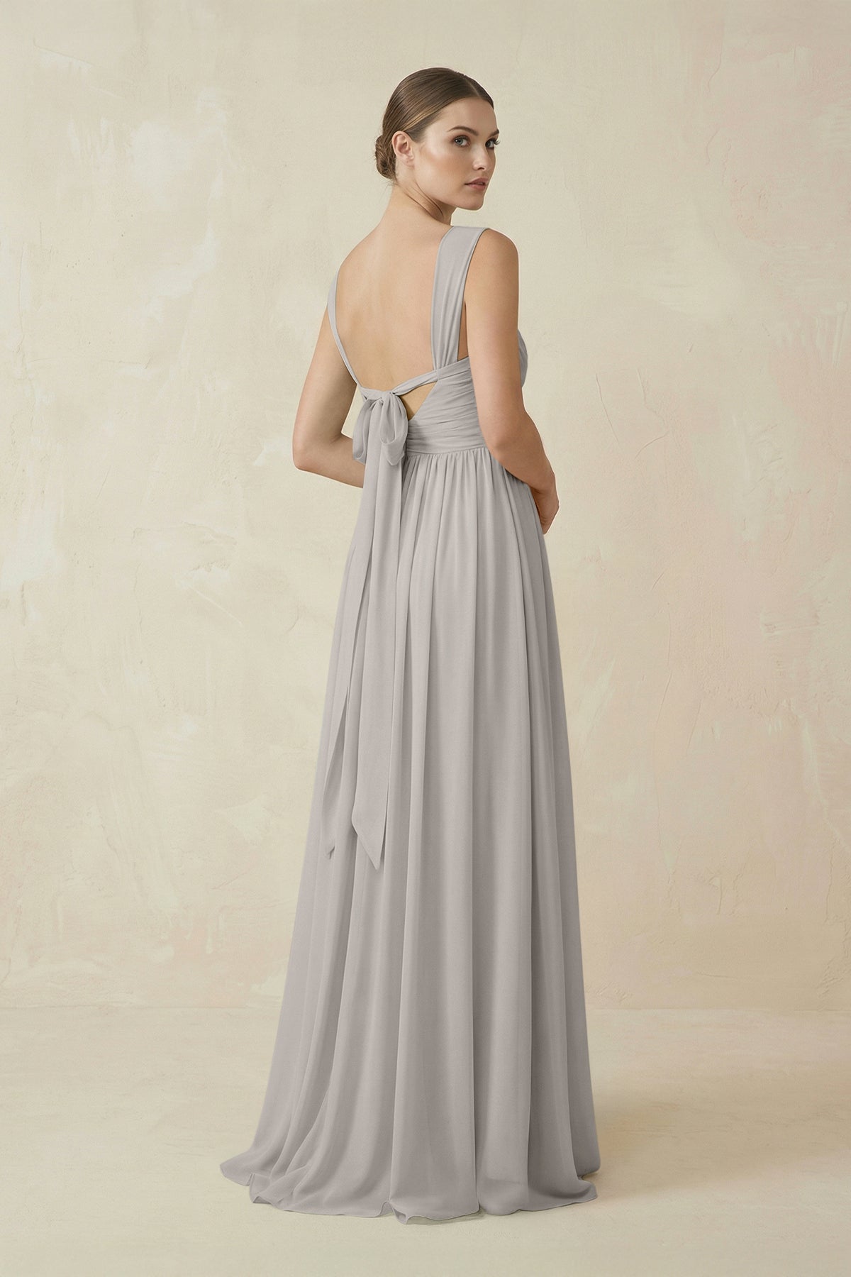 A-Line Pleated Chiffon Long Bridesmaid Dress in Silver