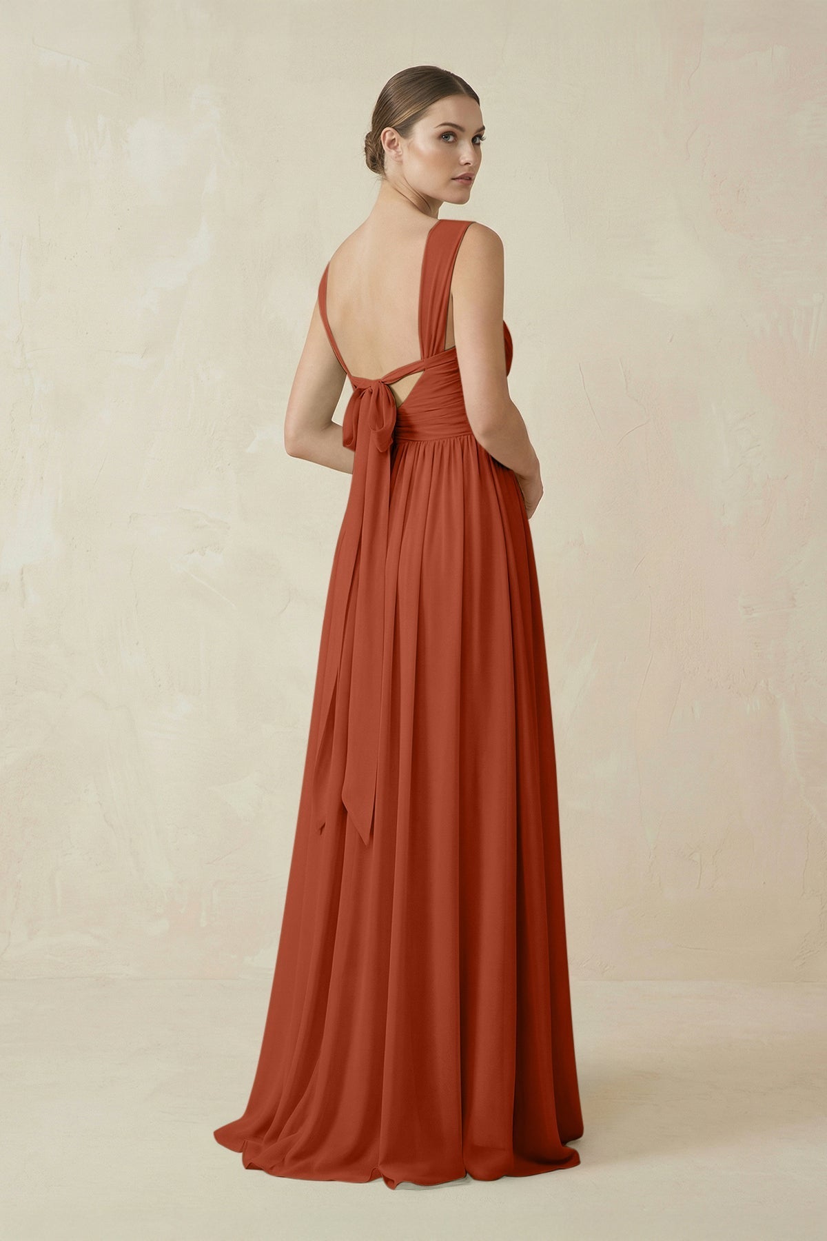 A-Line Pleated Chiffon Long Bridesmaid Dress in Spice