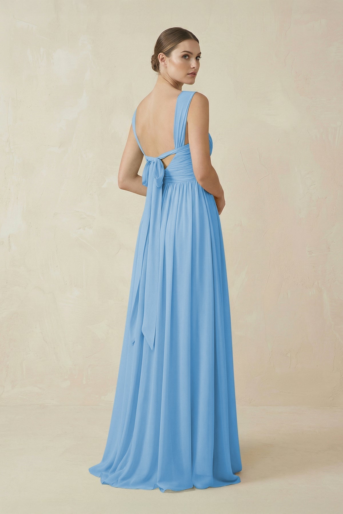 A-Line Pleated Chiffon Long Bridesmaid Dress in Steel Blue