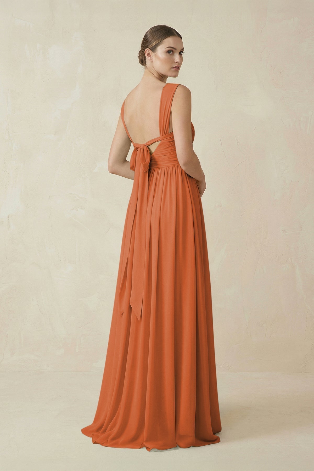 A-Line Pleated Chiffon Long Bridesmaid Dress in Terracotta