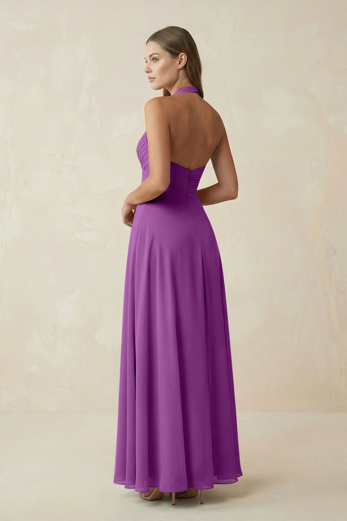 A-Line Pleated Chiffon V-Neck Bridesmaid Dress in Amethyst