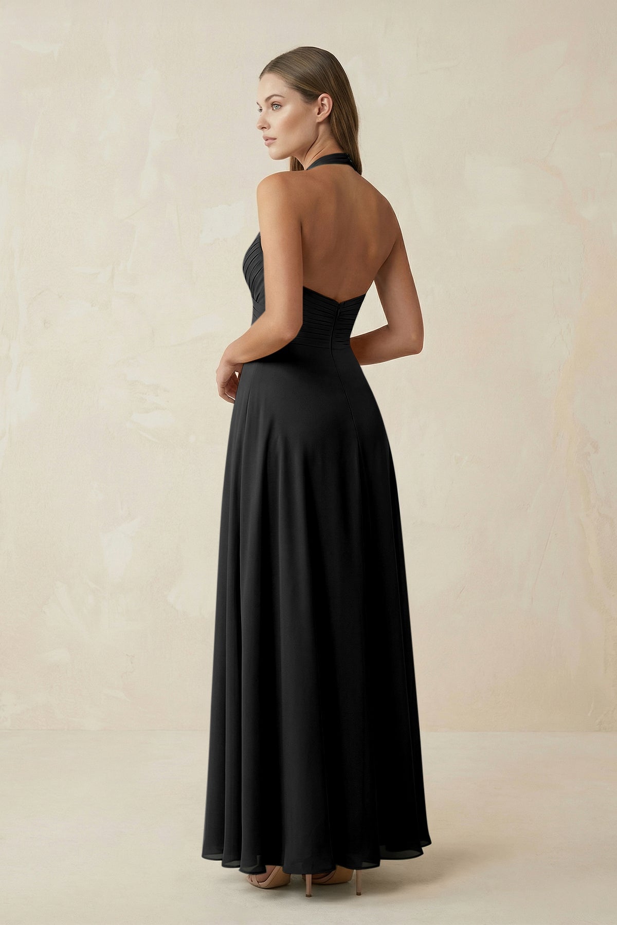 A-Line Pleated Chiffon V-Neck Bridesmaid Dress in Black