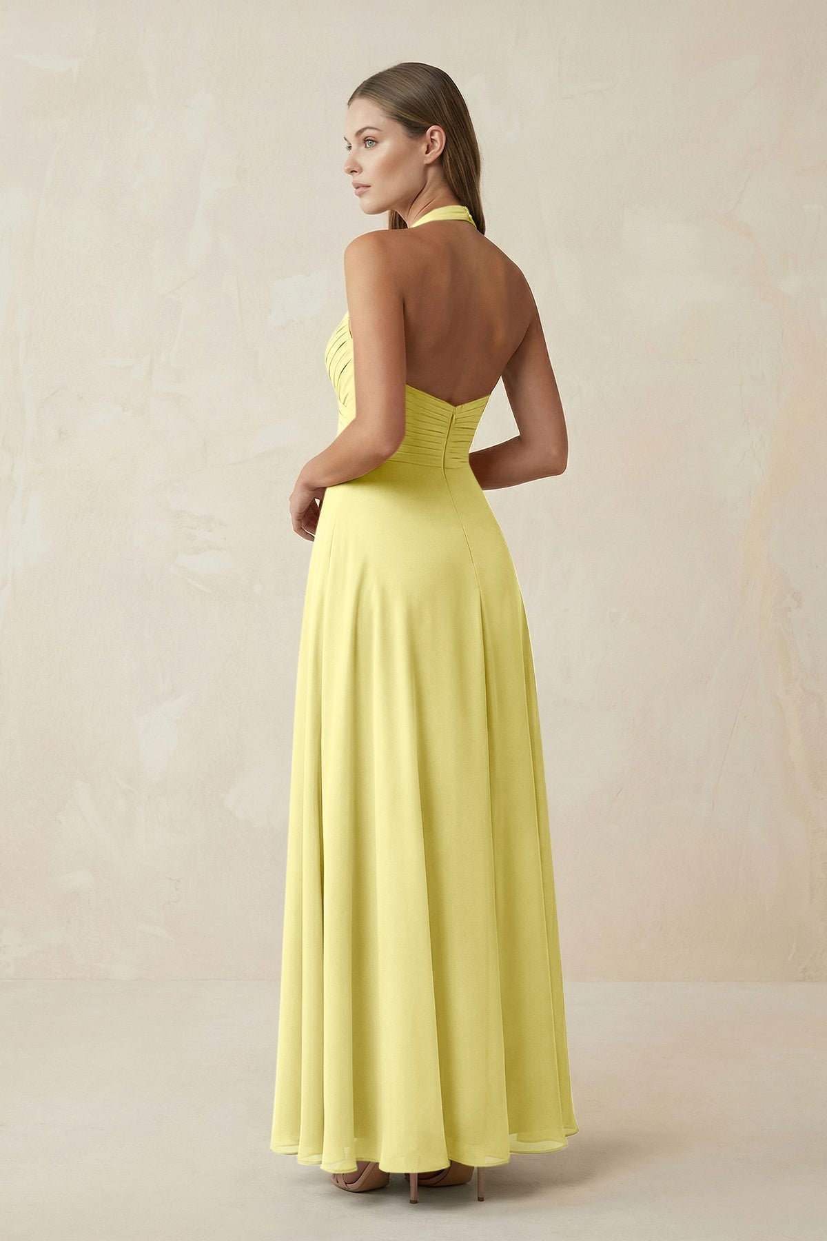 A-Line Pleated Chiffon V-Neck Bridesmaid Dress in Buttercup