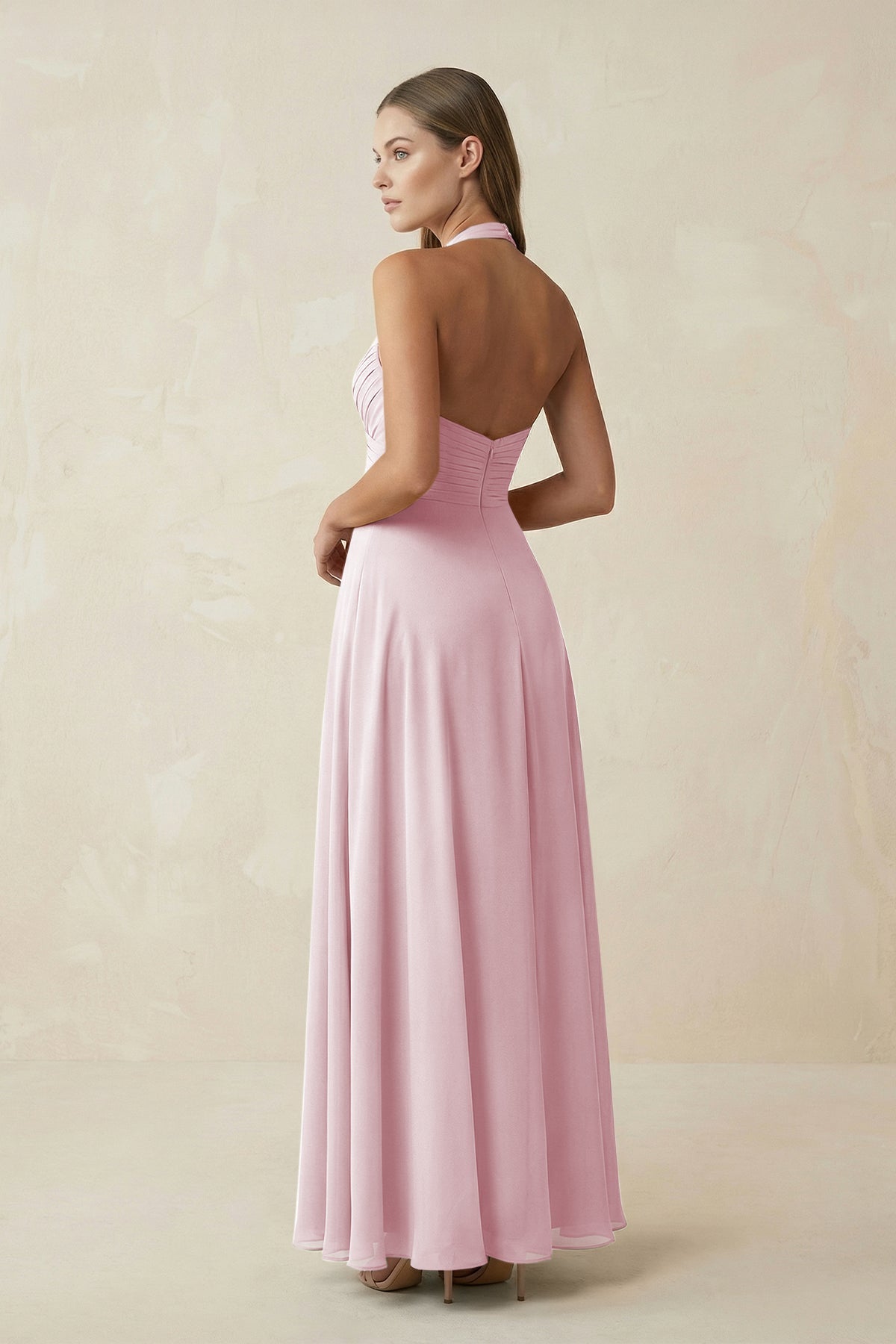 A-Line Pleated Chiffon V-Neck Bridesmaid Dress in Candy Pink