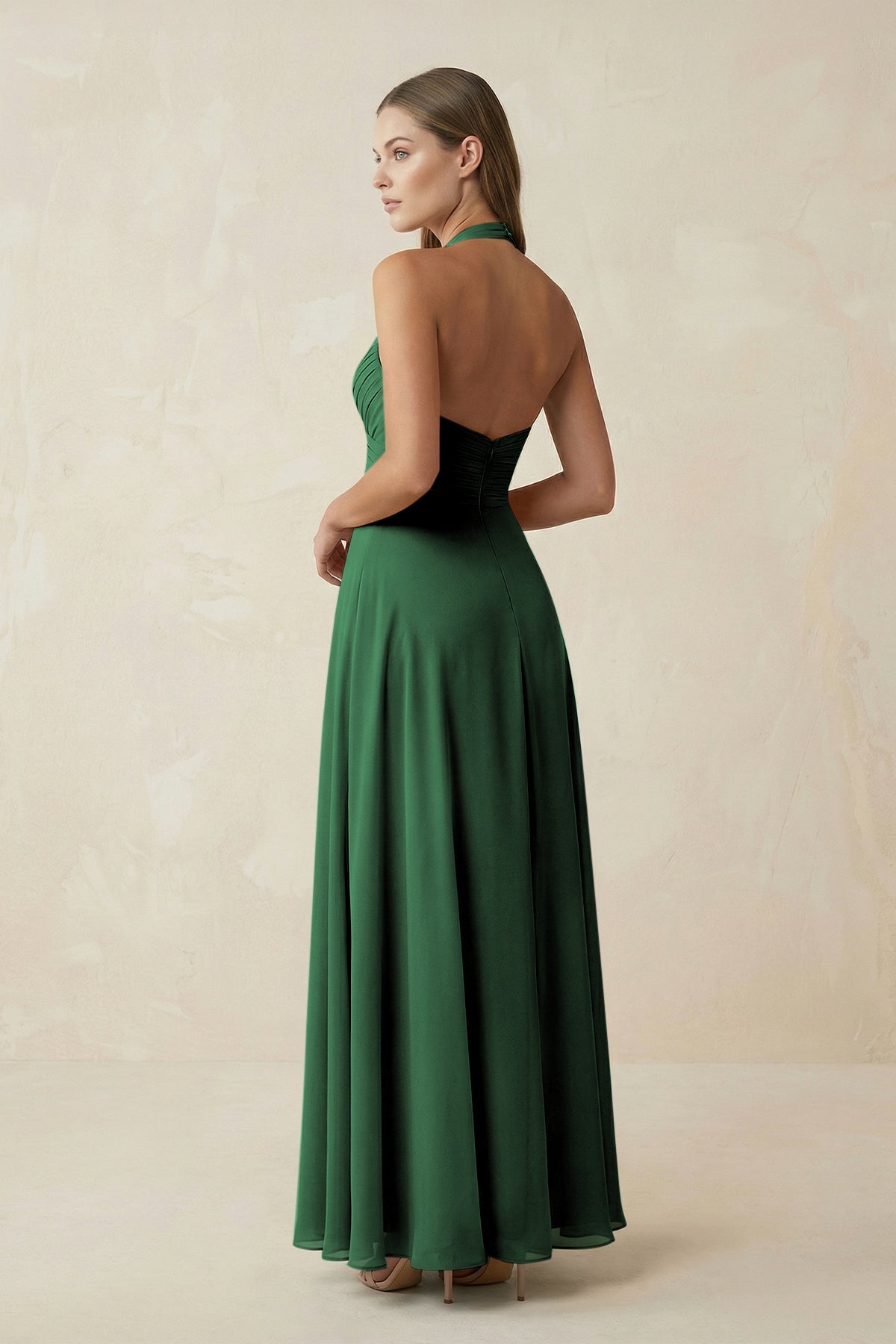 A-Line Pleated Chiffon V-Neck Bridesmaid Dress in Dark Green