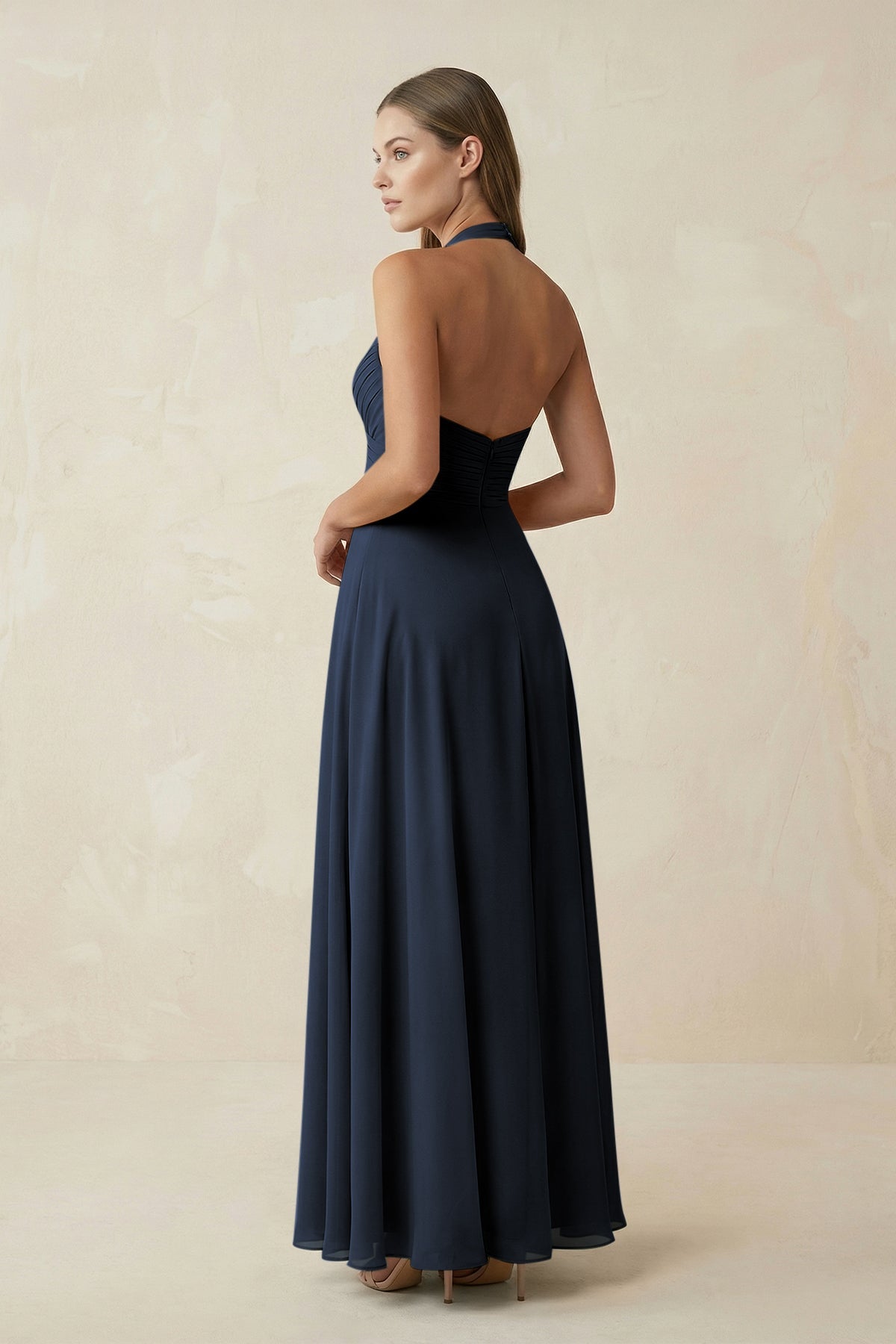 A-Line Pleated Chiffon V-Neck Bridesmaid Dress in Dark Navy