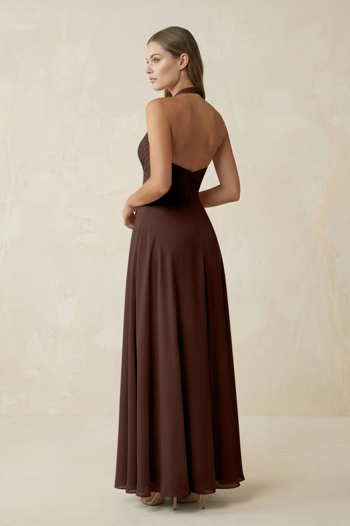 A-Line Pleated Chiffon V-Neck Bridesmaid Dress in Espresso
