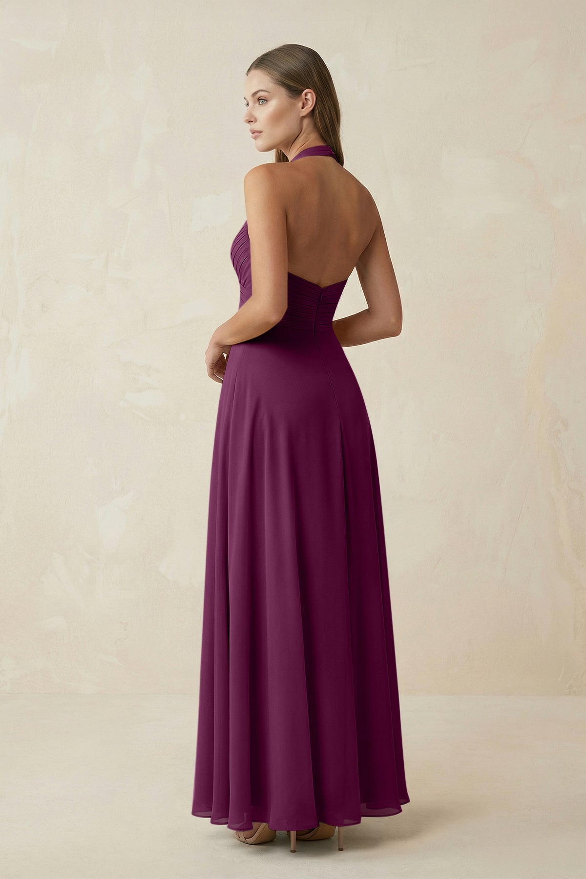 A-Line Pleated Chiffon V-Neck Bridesmaid Dress in Fig