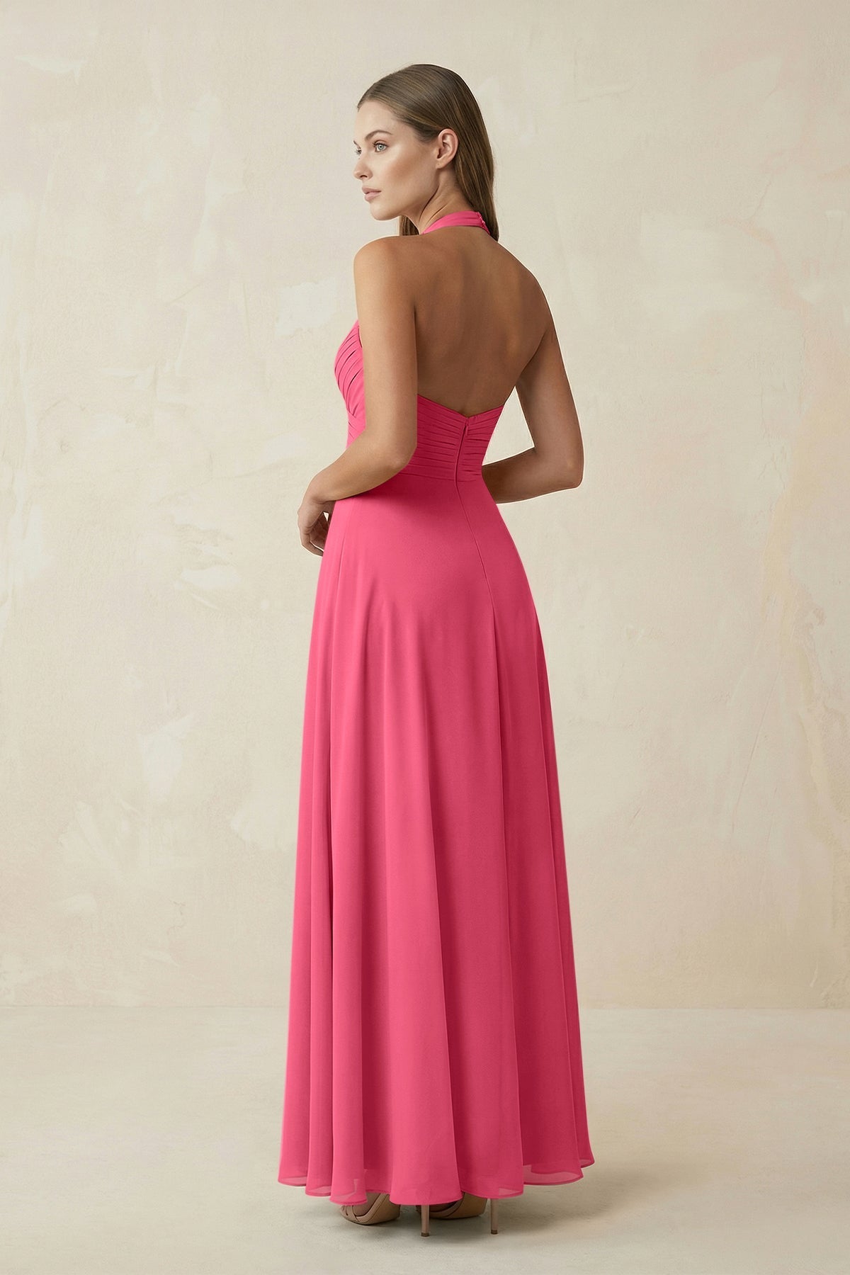A-Line Pleated Chiffon V-Neck Bridesmaid Dress in Fuchsia