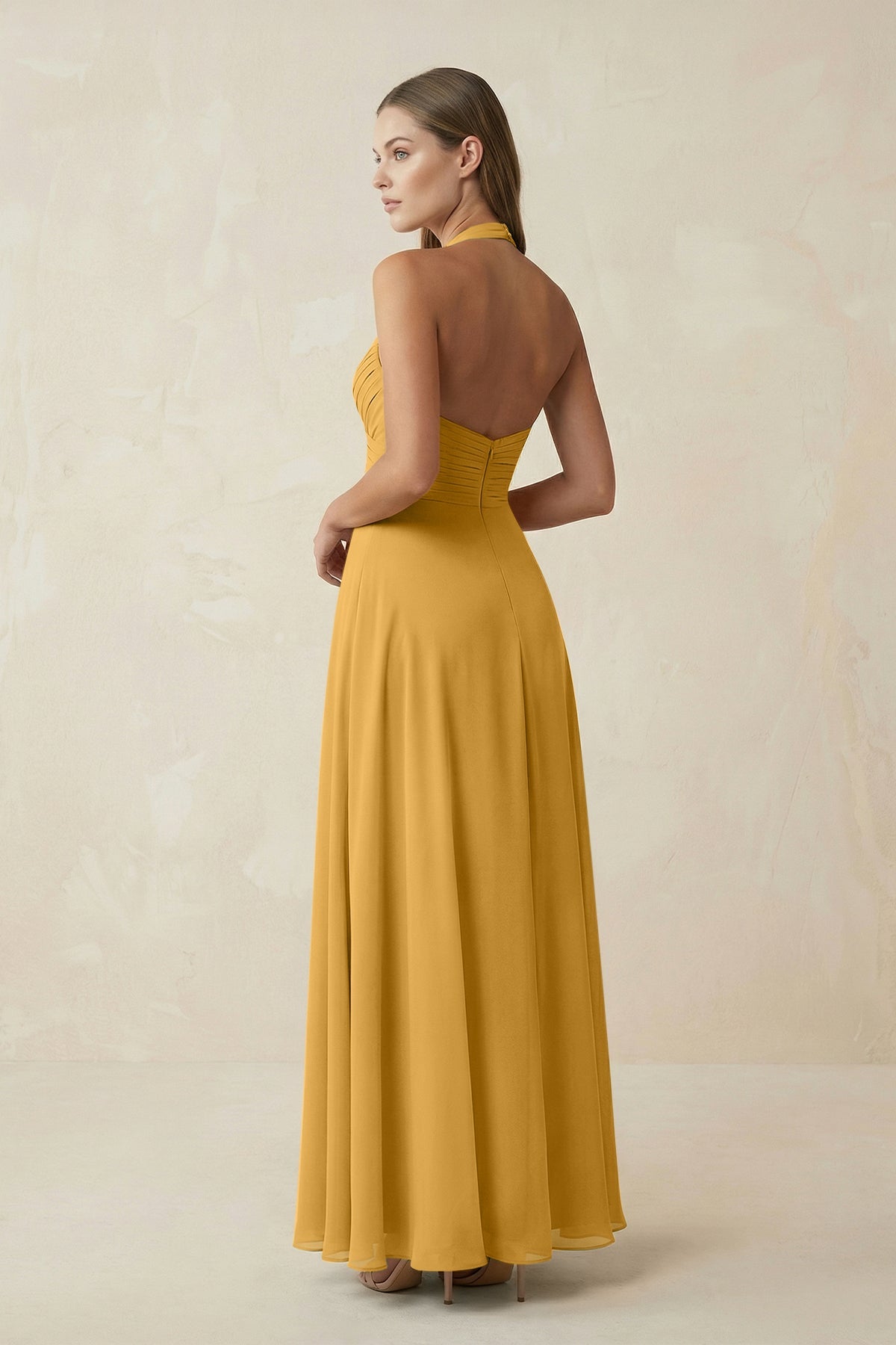 A-Line Pleated Chiffon V-Neck Bridesmaid Dress in Marigold