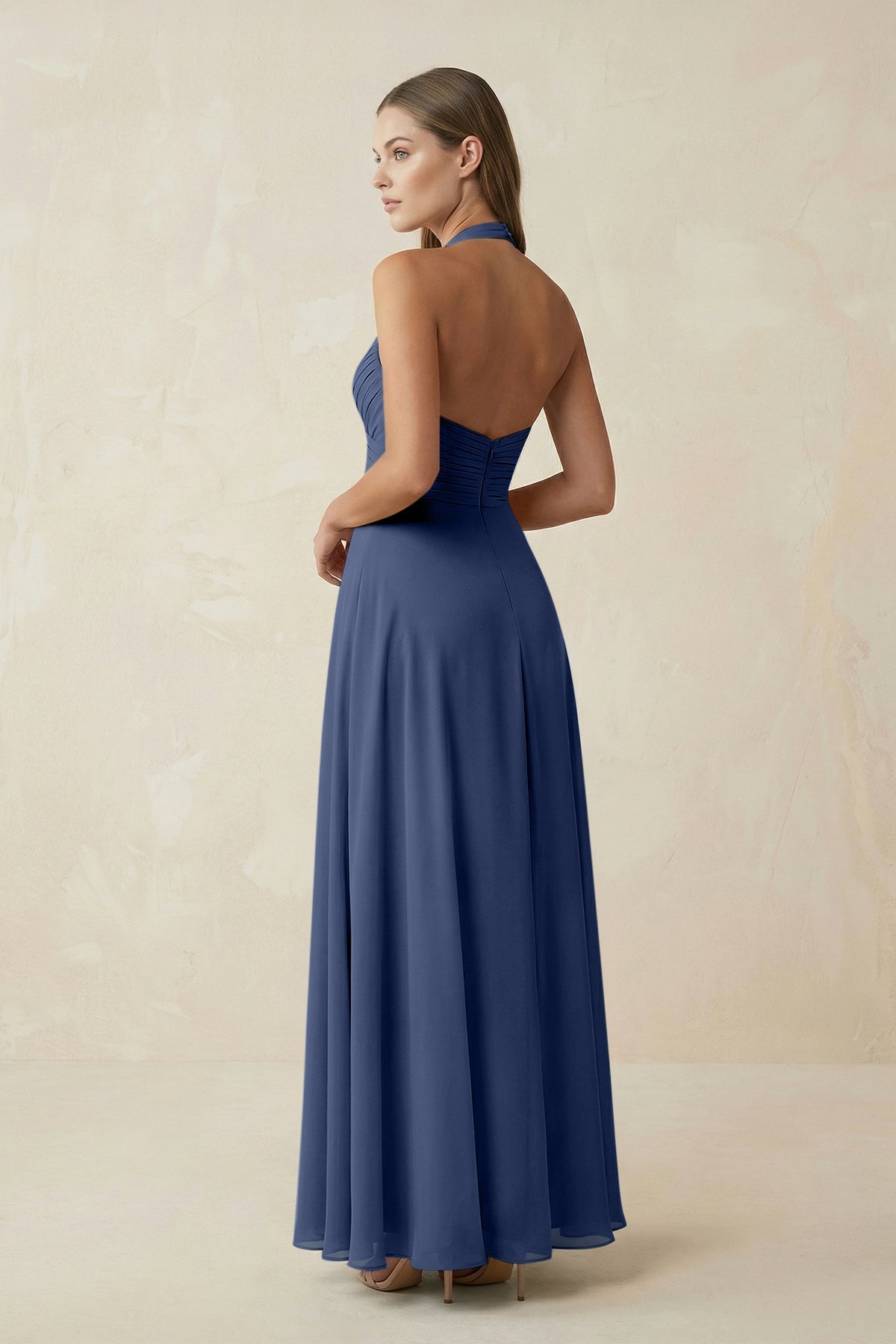 A-Line Pleated Chiffon V-Neck Bridesmaid Dress in Navy