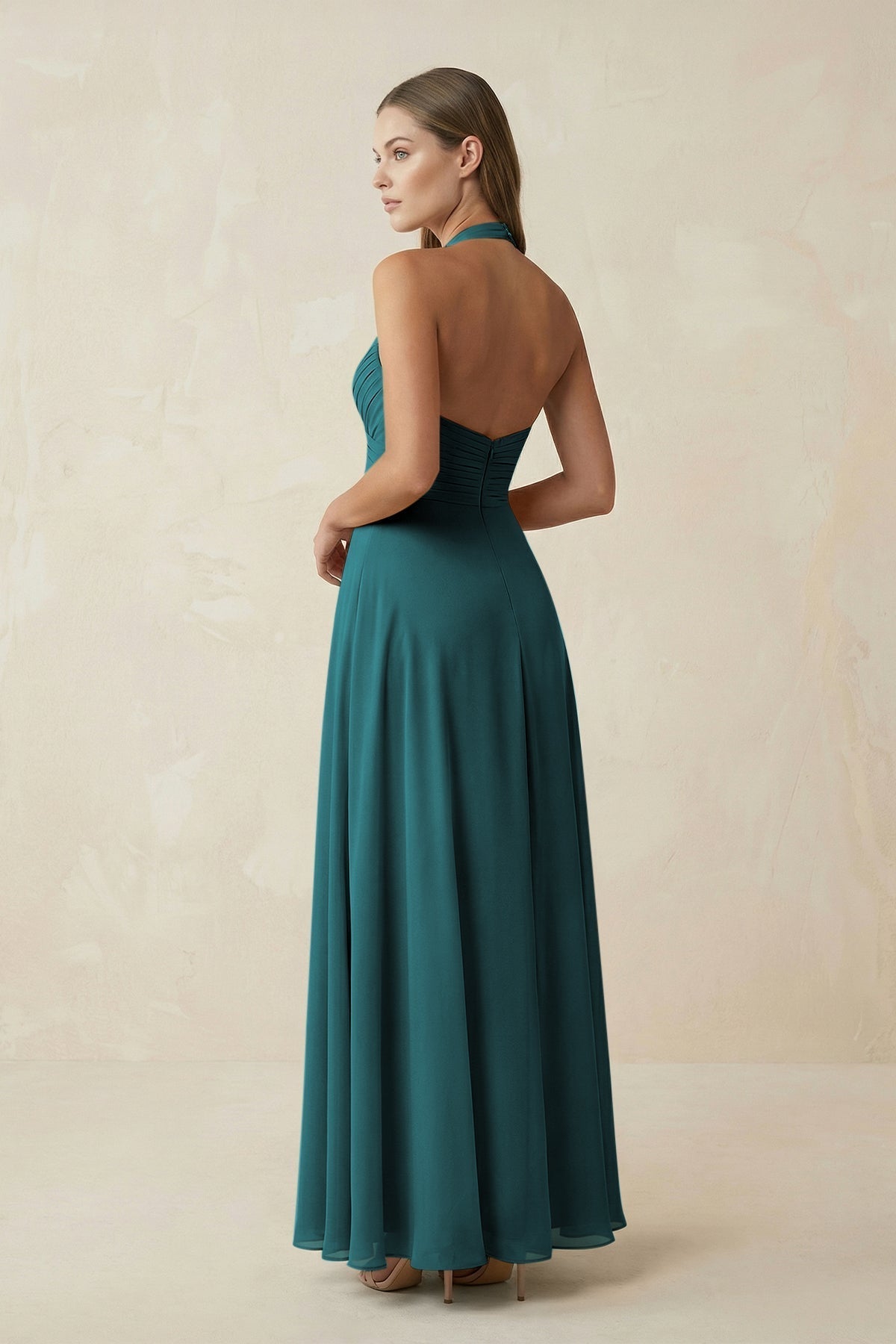 A-Line Pleated Chiffon V-Neck Bridesmaid Dress in Pine