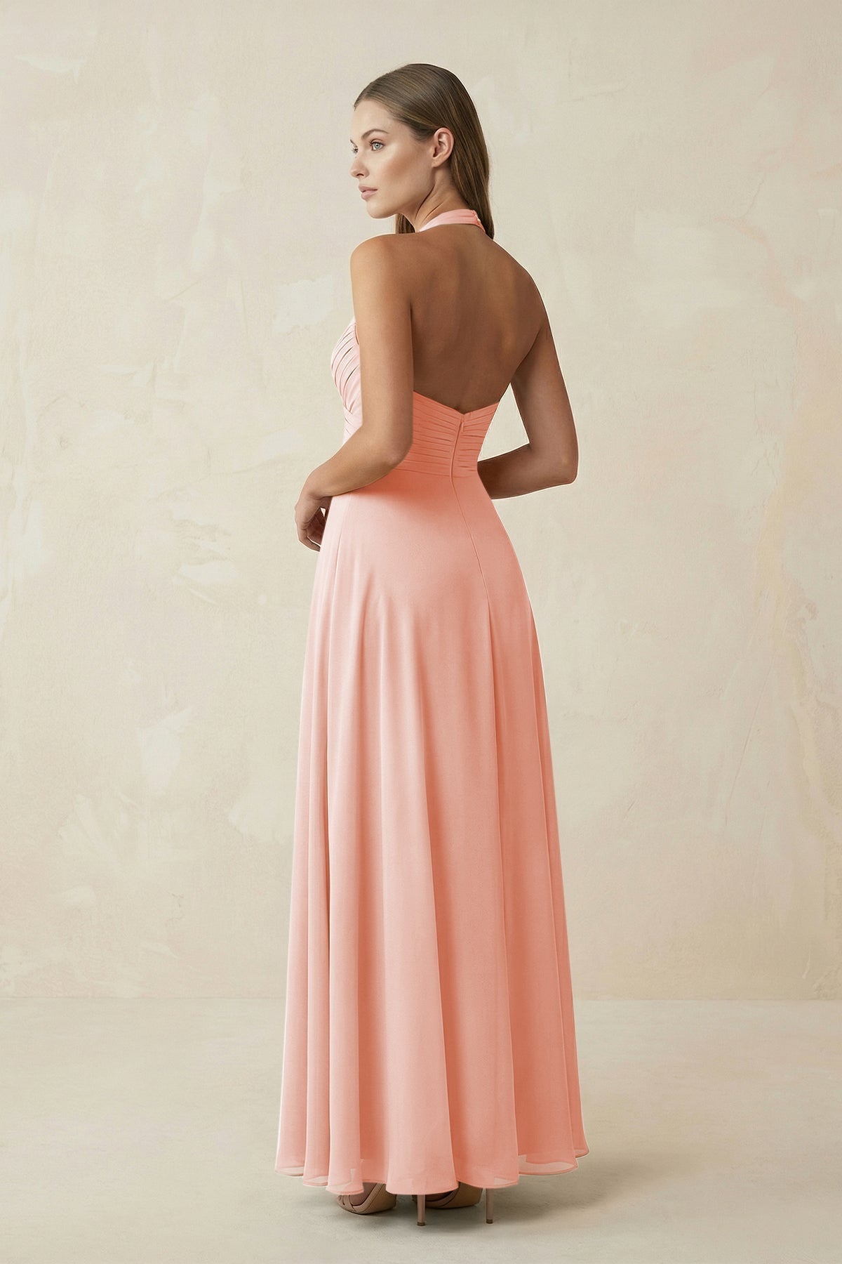 A-Line Pleated Chiffon V-Neck Bridesmaid Dress in Rose Petal