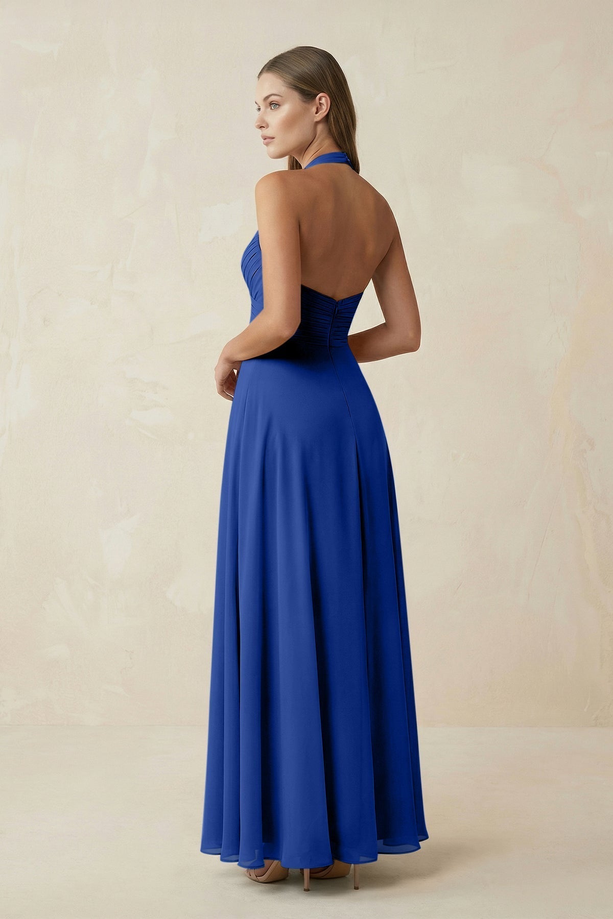 A-Line Pleated Chiffon V-Neck Bridesmaid Dress in Royal Blue
