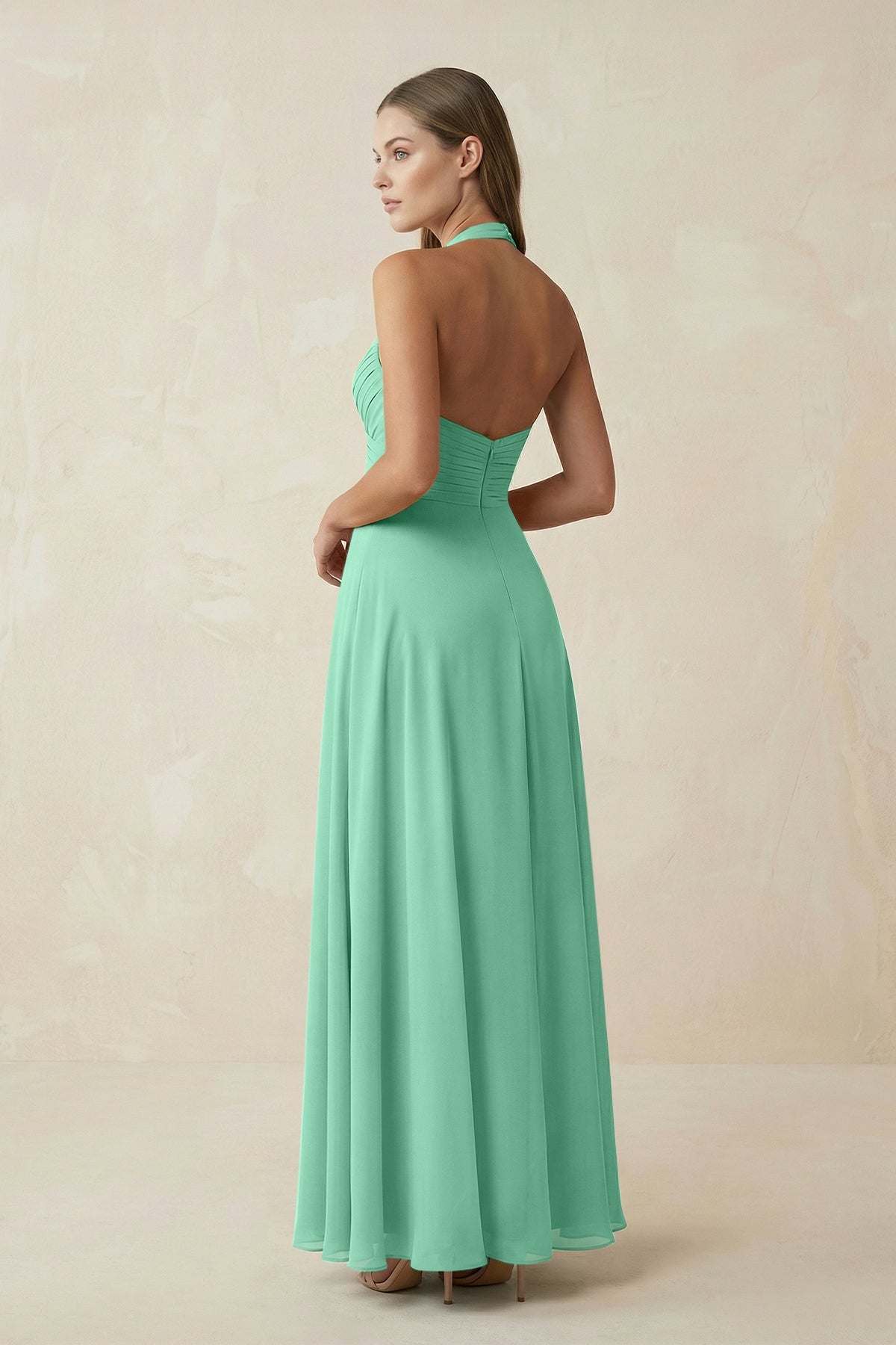 A-Line Pleated Chiffon V-Neck Bridesmaid Dress in Turquoise