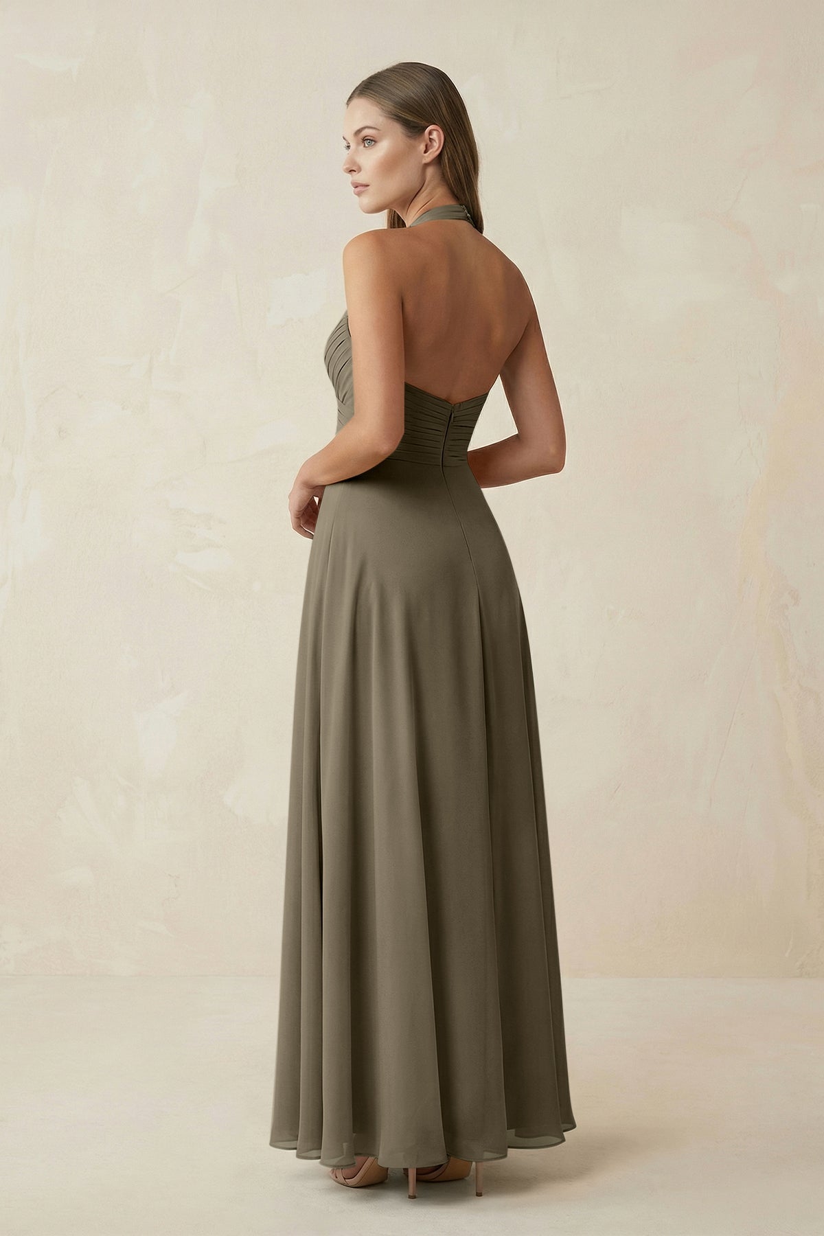 A-Line Pleated Chiffon V-Neck Bridesmaid Dress in Willow Green
