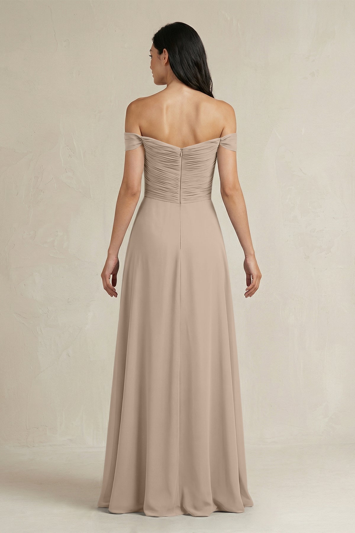A-Line Pleated Off-the-Shoulder Chiffon Bridesmaid Dress in Almond