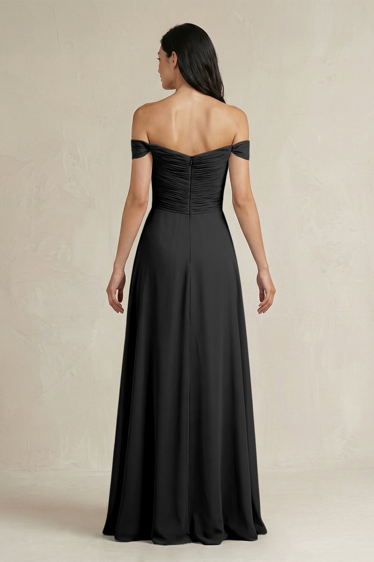 A-Line Pleated Off-the-Shoulder Chiffon Bridesmaid Dress in Black