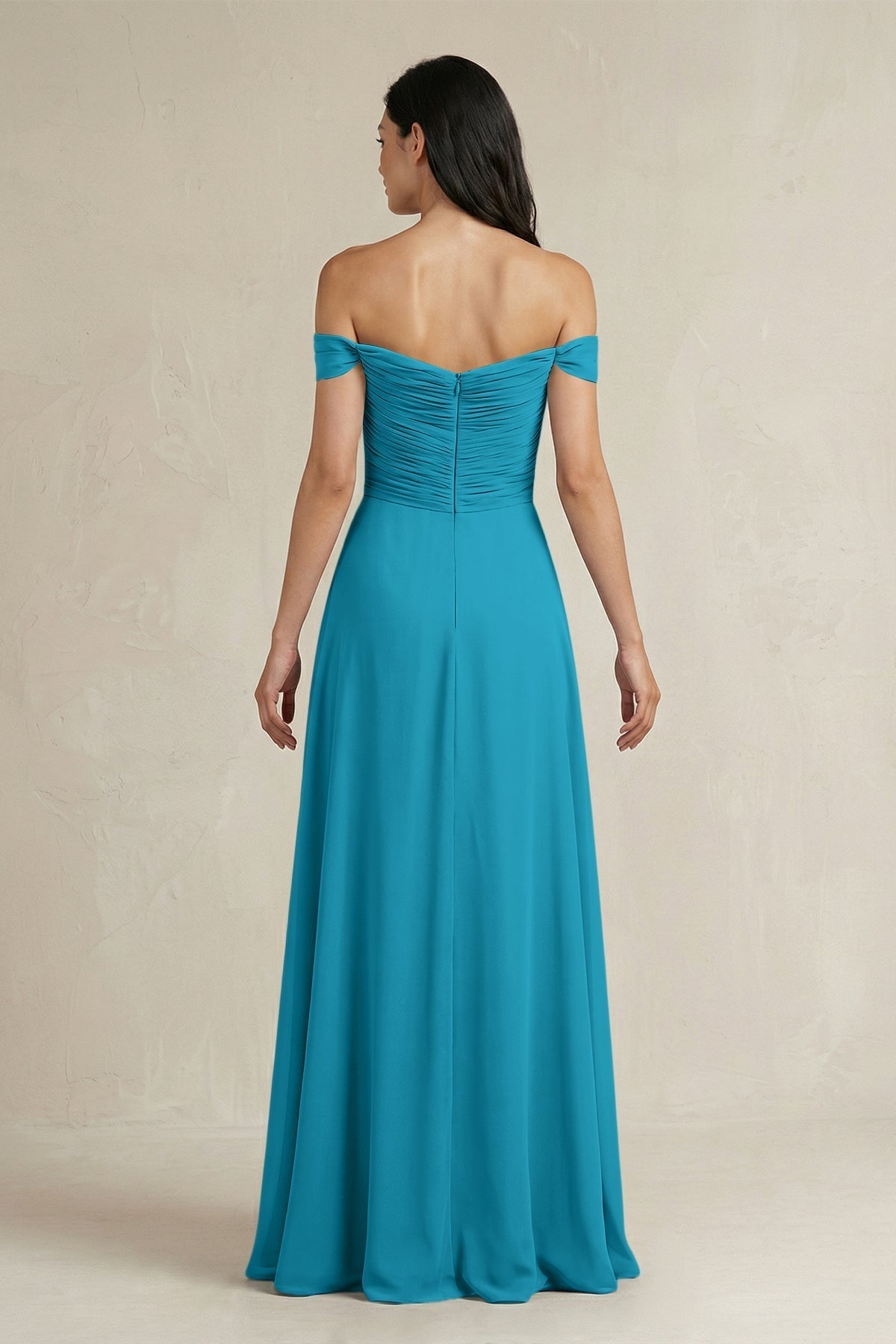 A-Line Pleated Off-the-Shoulder Chiffon Bridesmaid Dress in Blue Jay