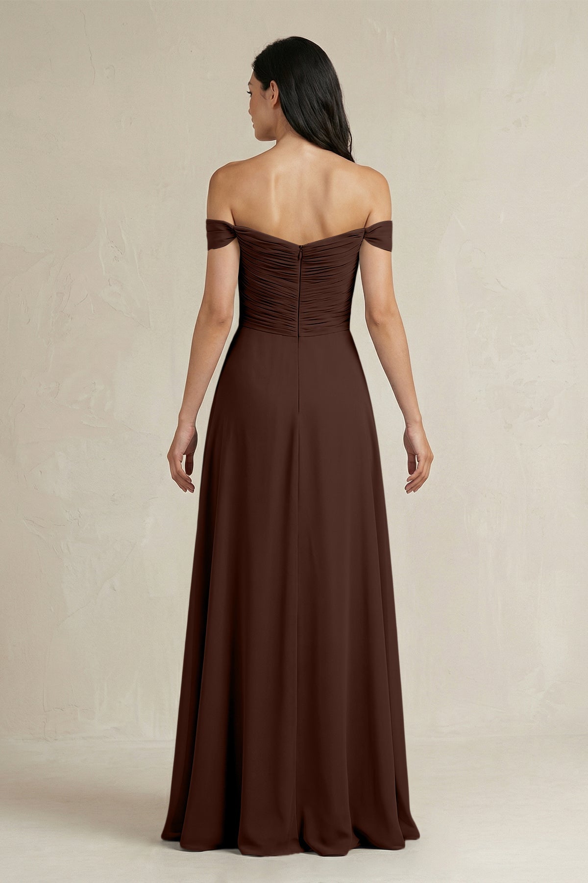 A-Line Pleated Off-the-Shoulder Chiffon Bridesmaid Dress in Espresso