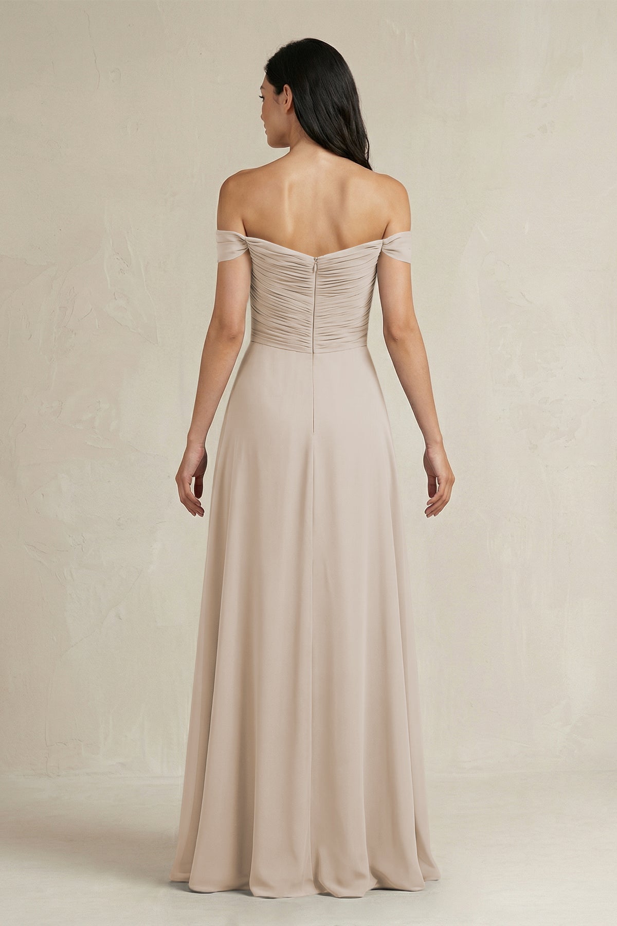 A-Line Pleated Off-the-Shoulder Chiffon Bridesmaid Dress in Frost