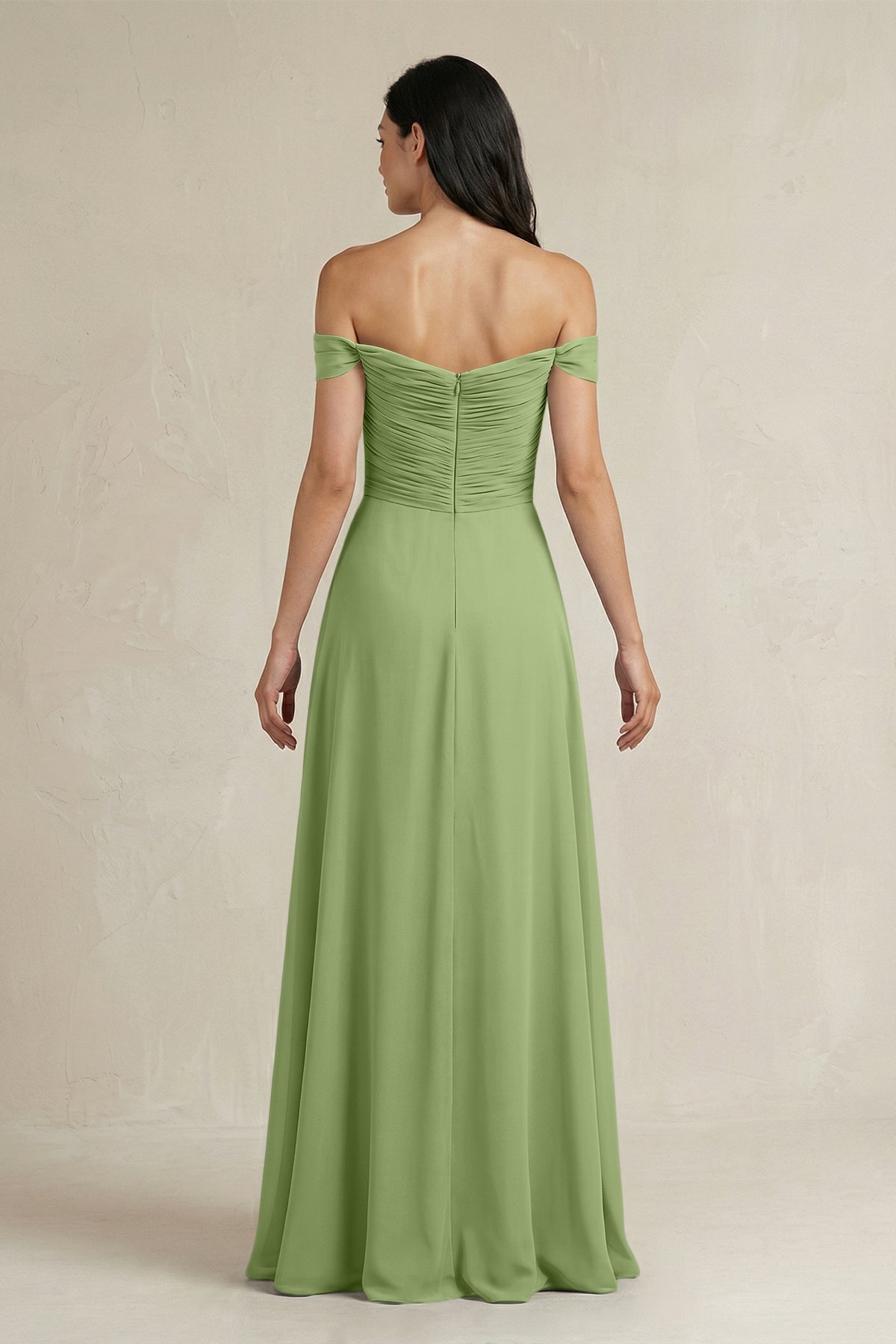 A-Line Pleated Off-the-Shoulder Chiffon Bridesmaid Dress in Matcha