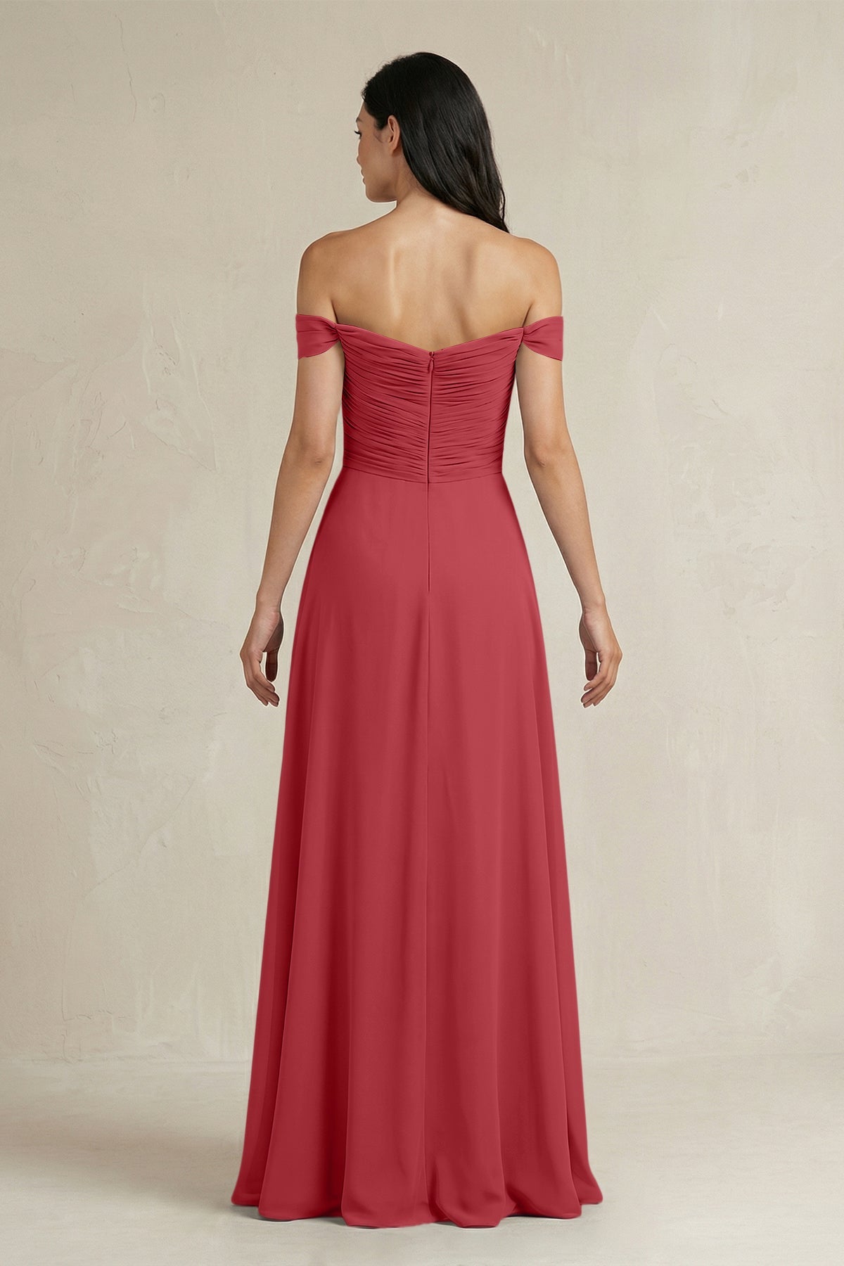 A-Line Pleated Off-the-Shoulder Chiffon Bridesmaid Dress in Merlot