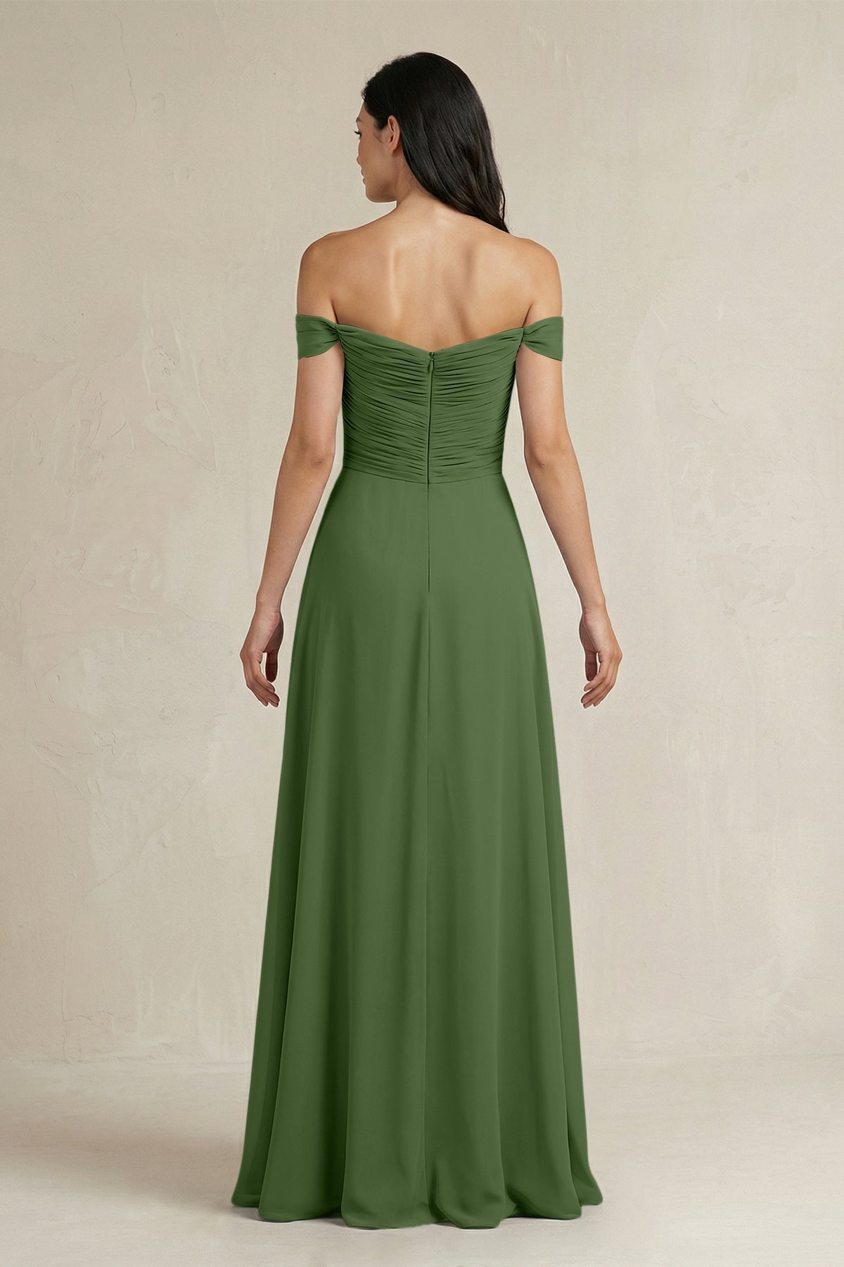A-Line Pleated Off-the-Shoulder Chiffon Bridesmaid Dress in Moss